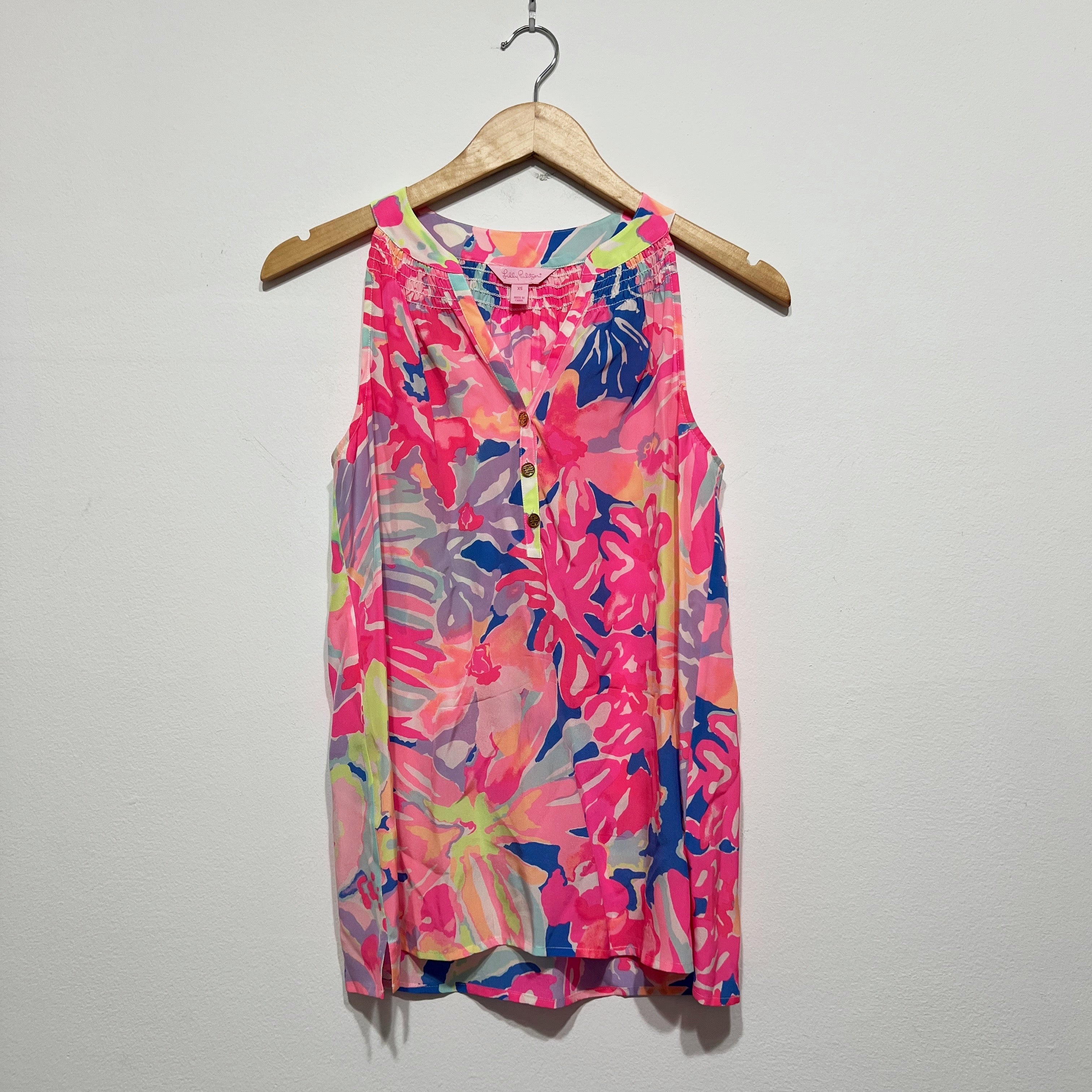 Lilly Pulitzer Bailey Silk Chiffon Sleeveless V Neck Blouse Shirt Playa Hermosa