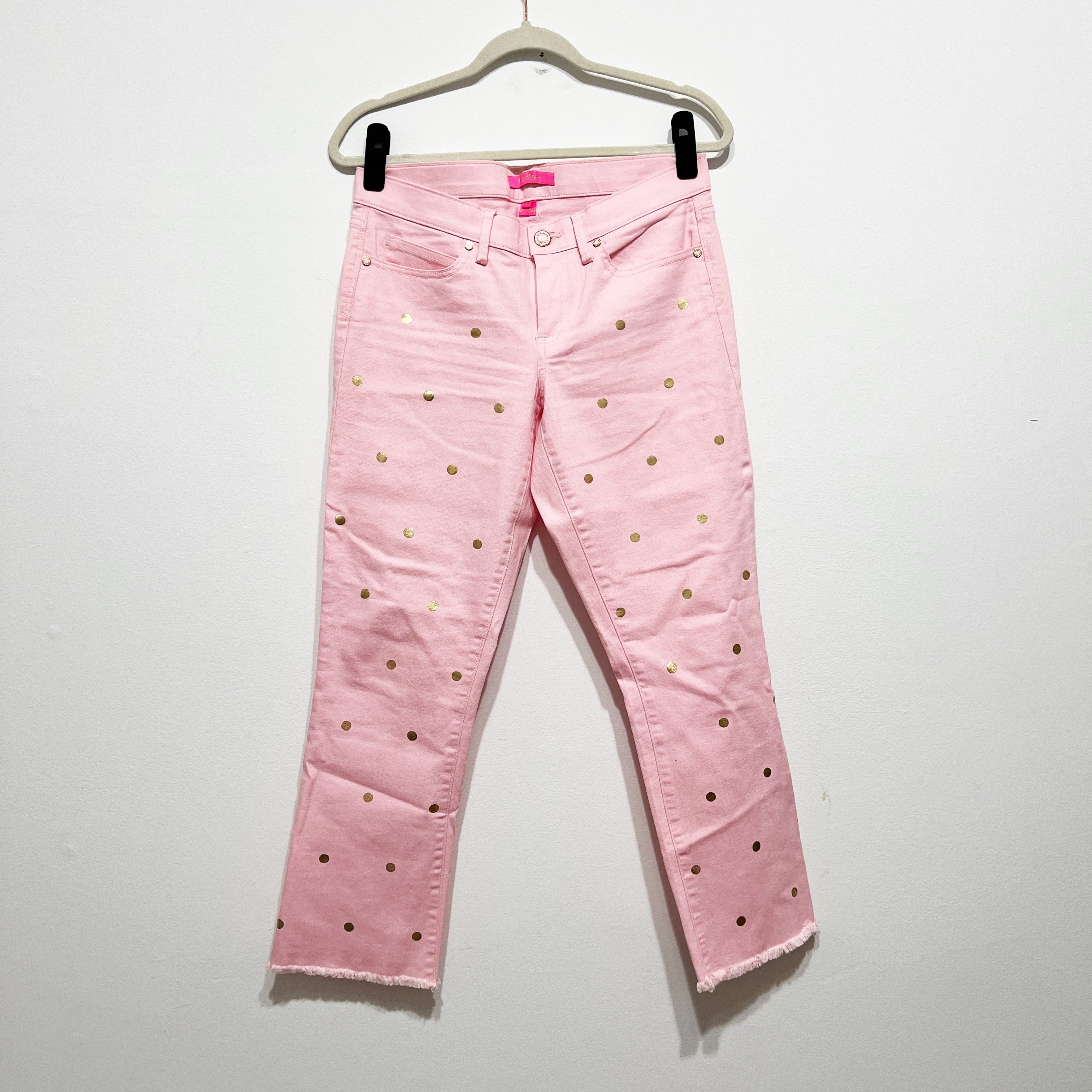 Lilly Pulitzer South Ocean Cotton Stretch Straight Leg Crop Gold Polka Dot Jeans