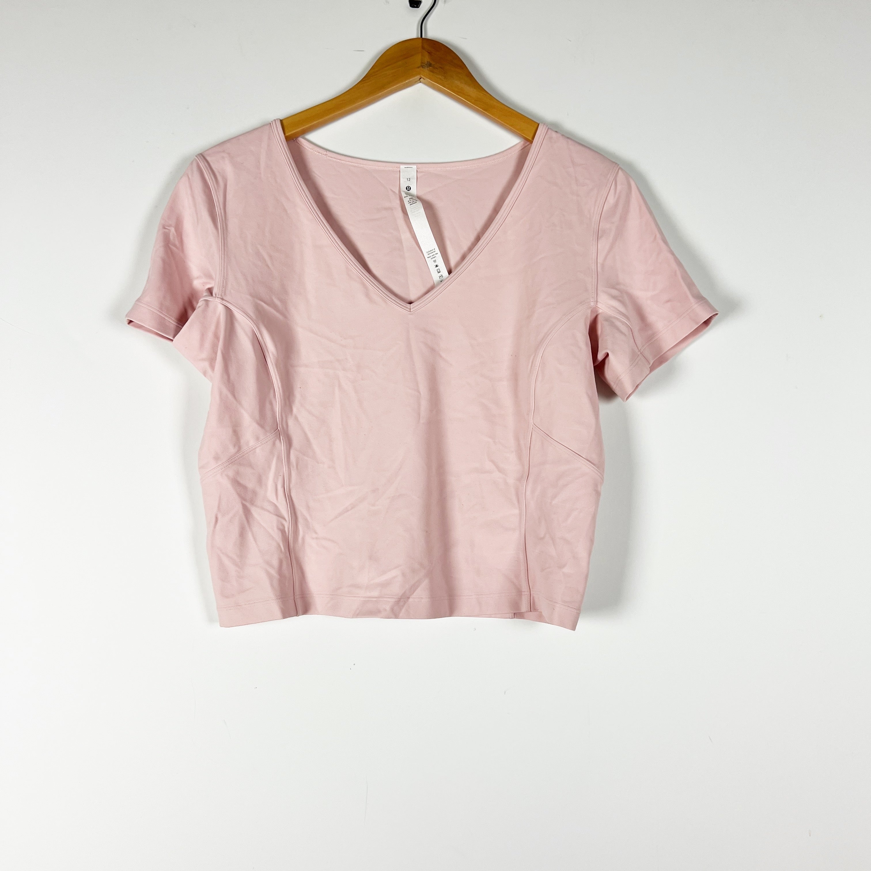 Lululemon Women's Nulu Cropped Slim Yoga Short Sleeve Tee Shirt Pink Mist 12