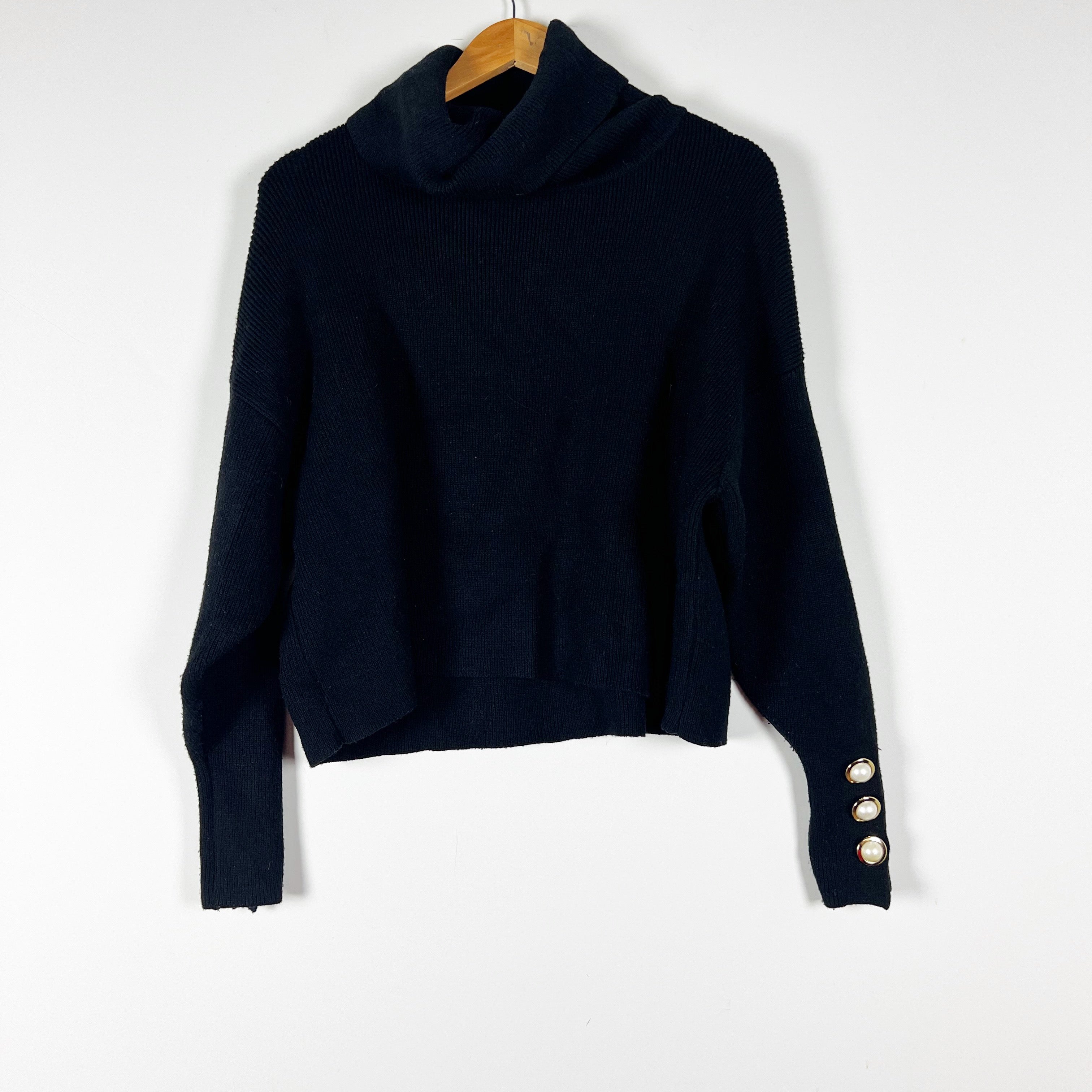 Zara Knit Stretch Pearl Beaded Embellished Button Turtleneck Pullover Sweater M