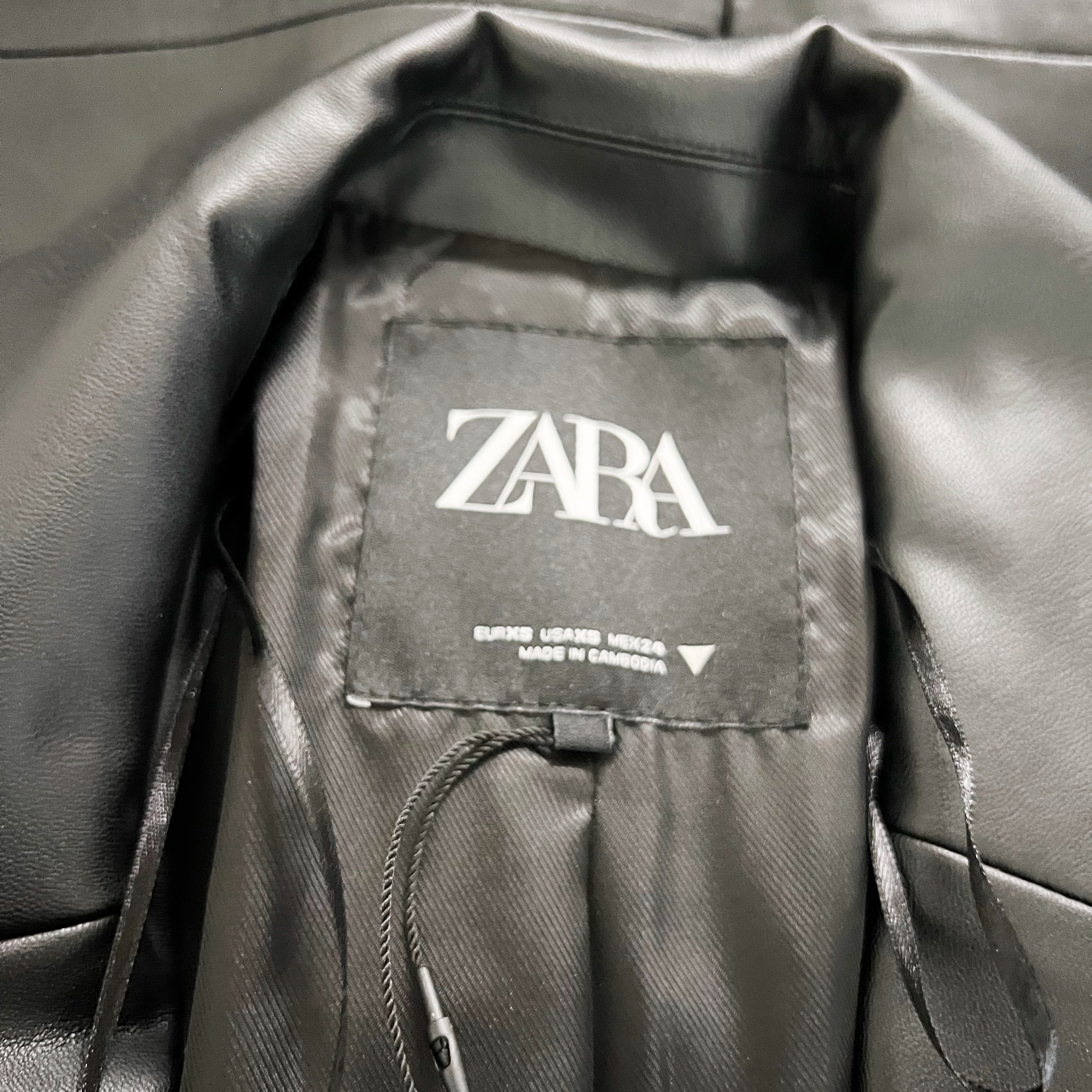 NEW Zara Faux Vegan Leather On Button Long Overcoat Trench Coat Jacket Black XS