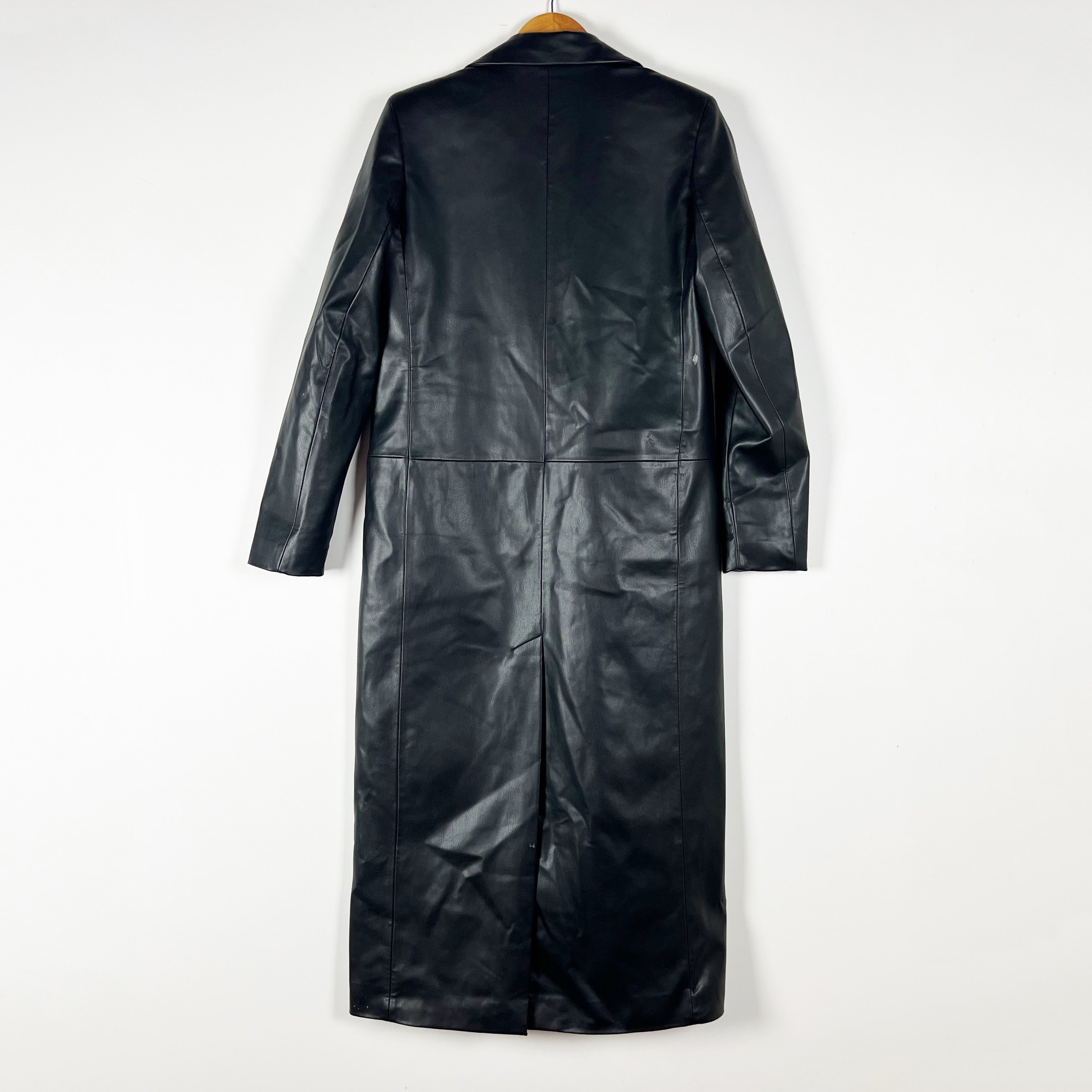 NEW Zara Faux Vegan Leather On Button Long Overcoat Trench Coat Jacket Black XS
