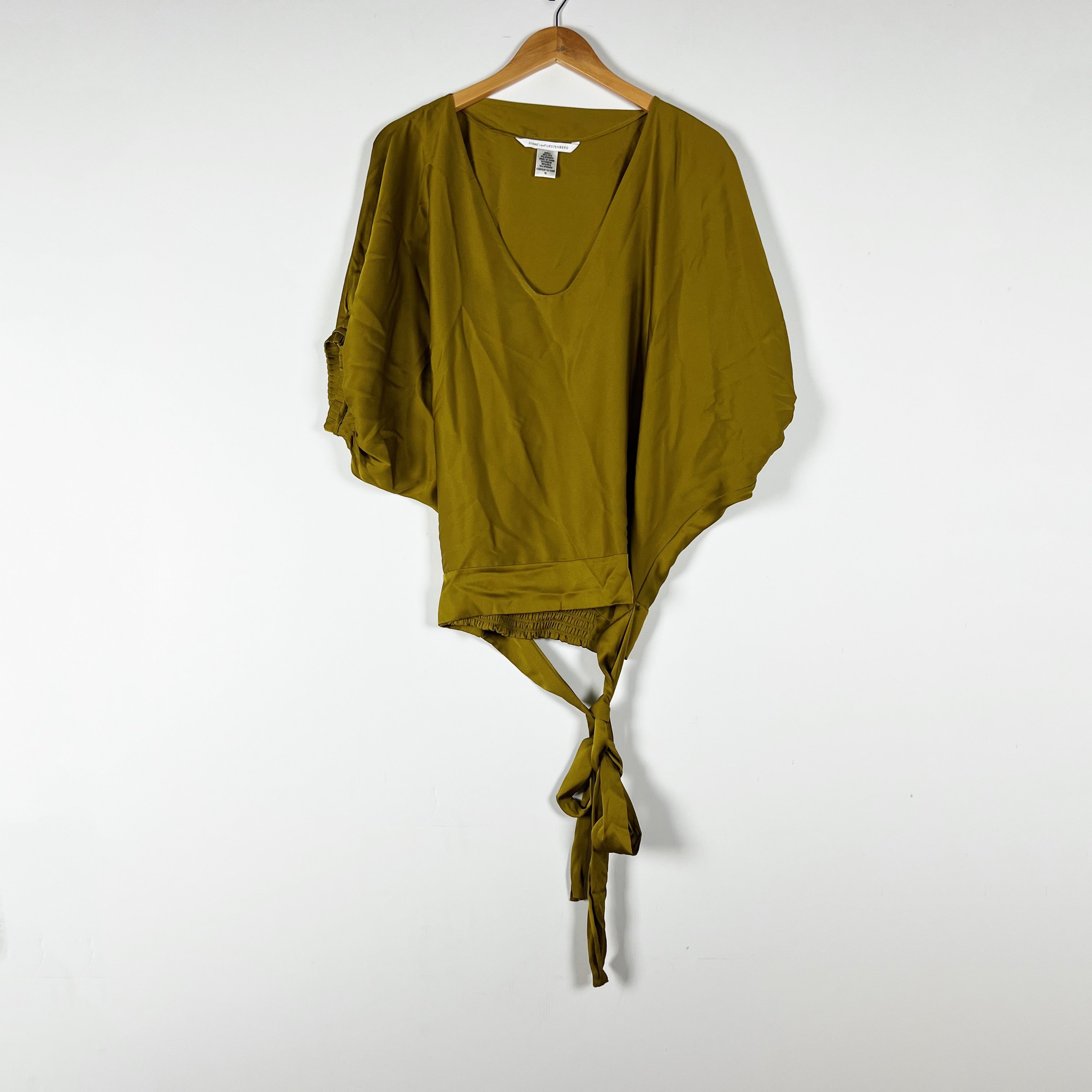 Diane Von Furstenberg Edna Silk Satin Deep V Neck Tie Waist Blouse Shirt Green