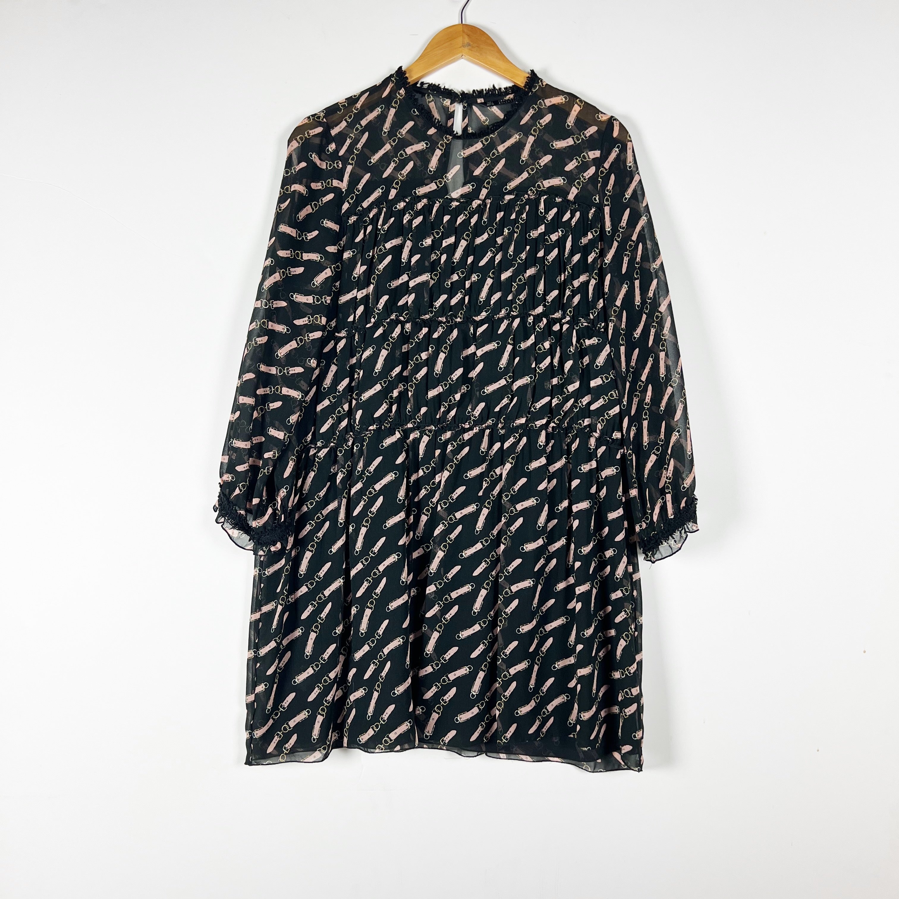 Zara Basic Collection Buckle Chain Detail Chiffon Tiered Mini Dress Large
