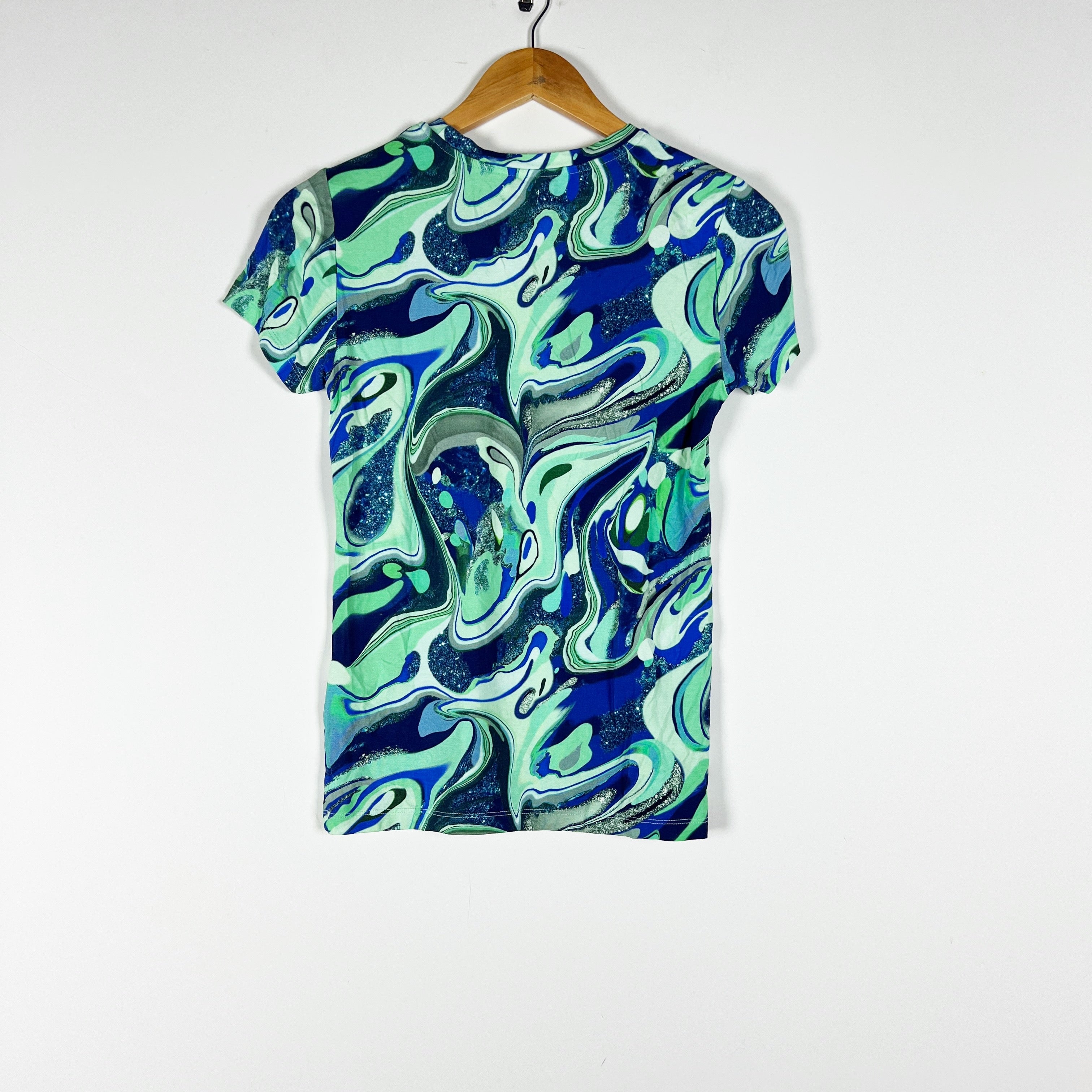 L'Agence Ressi Jersey Stretch Knit Blue Green Tie Dye Watercolor Tee Shirt Top S