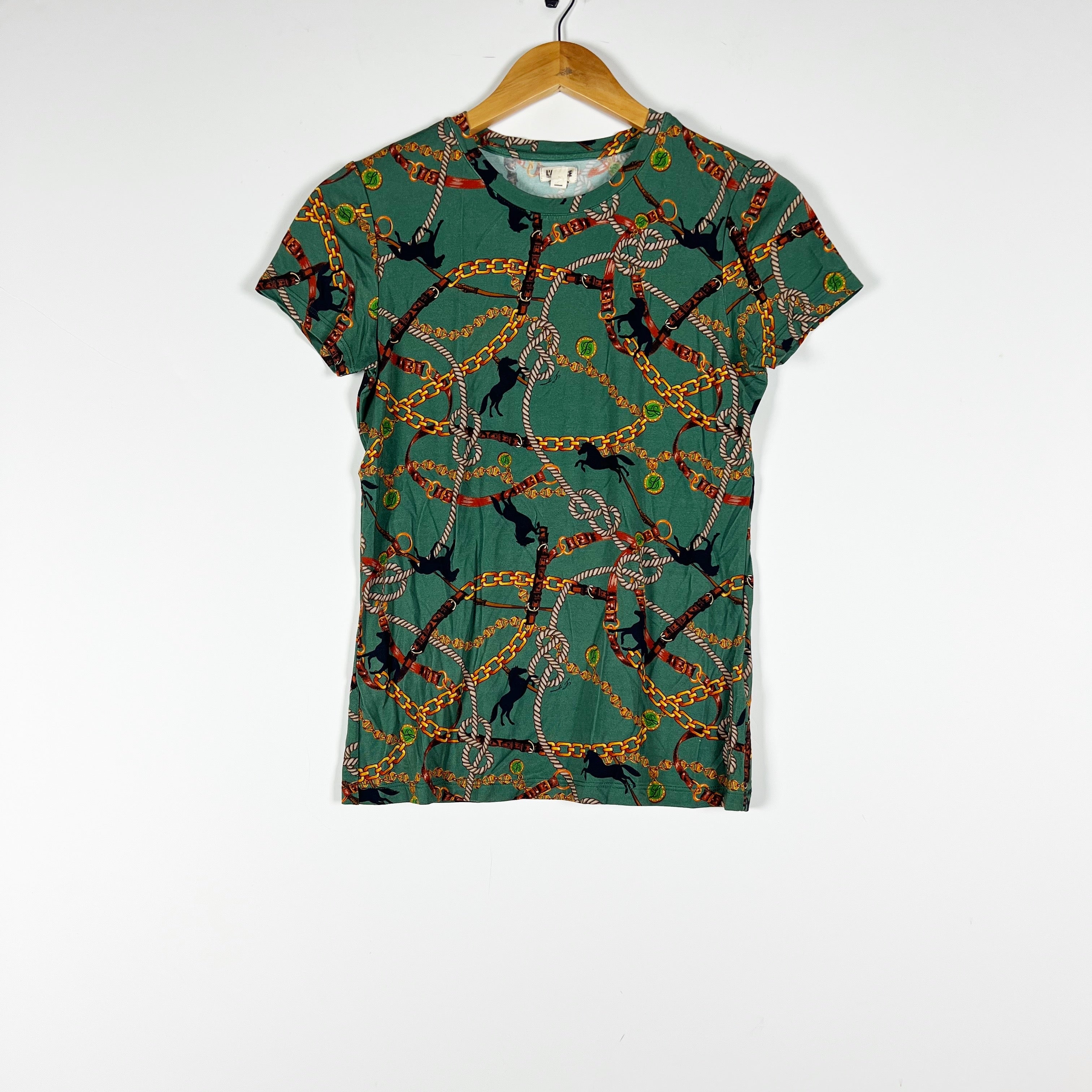L'Agence Ressi Jersey Stretch Knit Horse Chain Equestrian Print Tee Shirt Top S