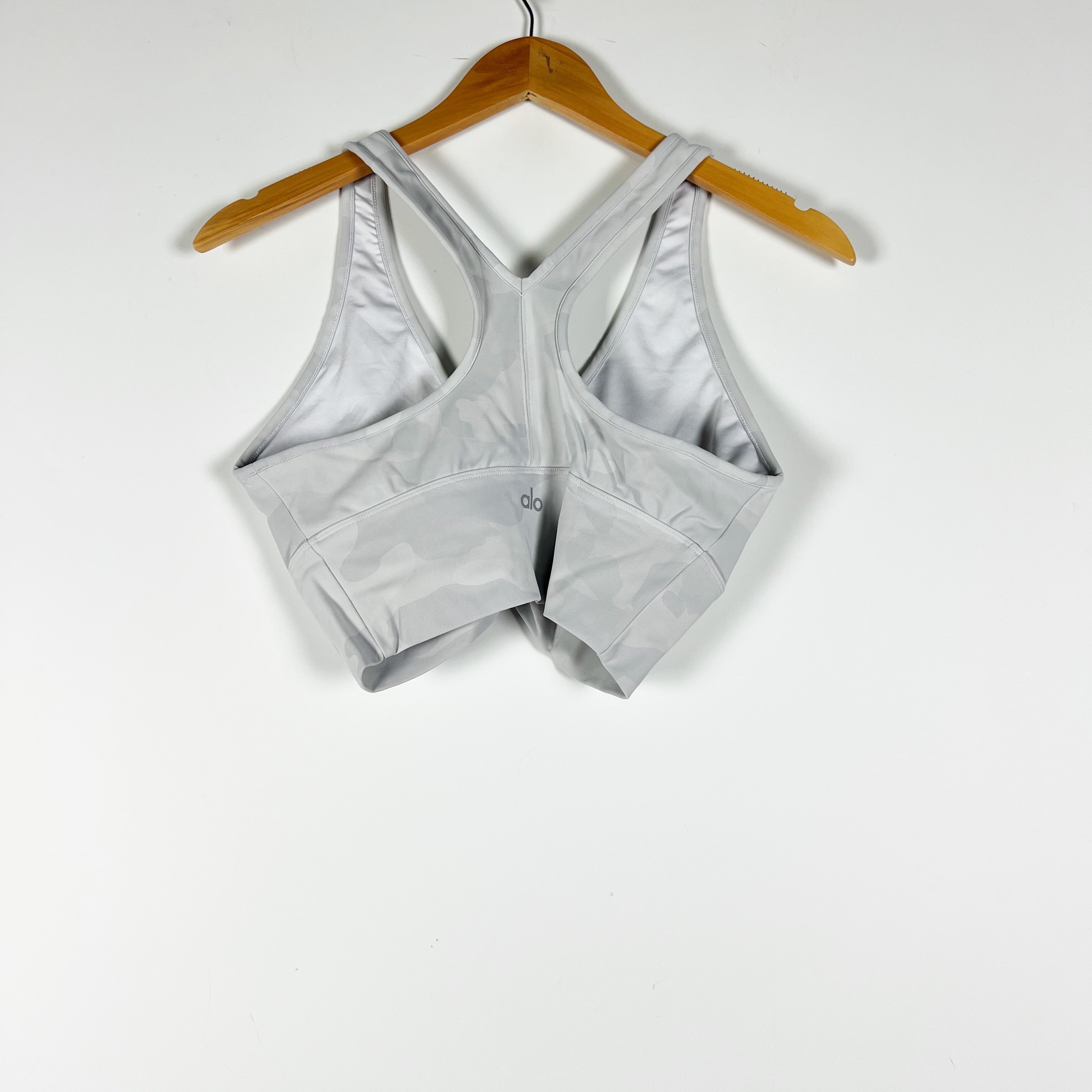 Alo Yoga Women's Wild Thing Ruched Athletic Work Out Sports Bra Gray Camo Large