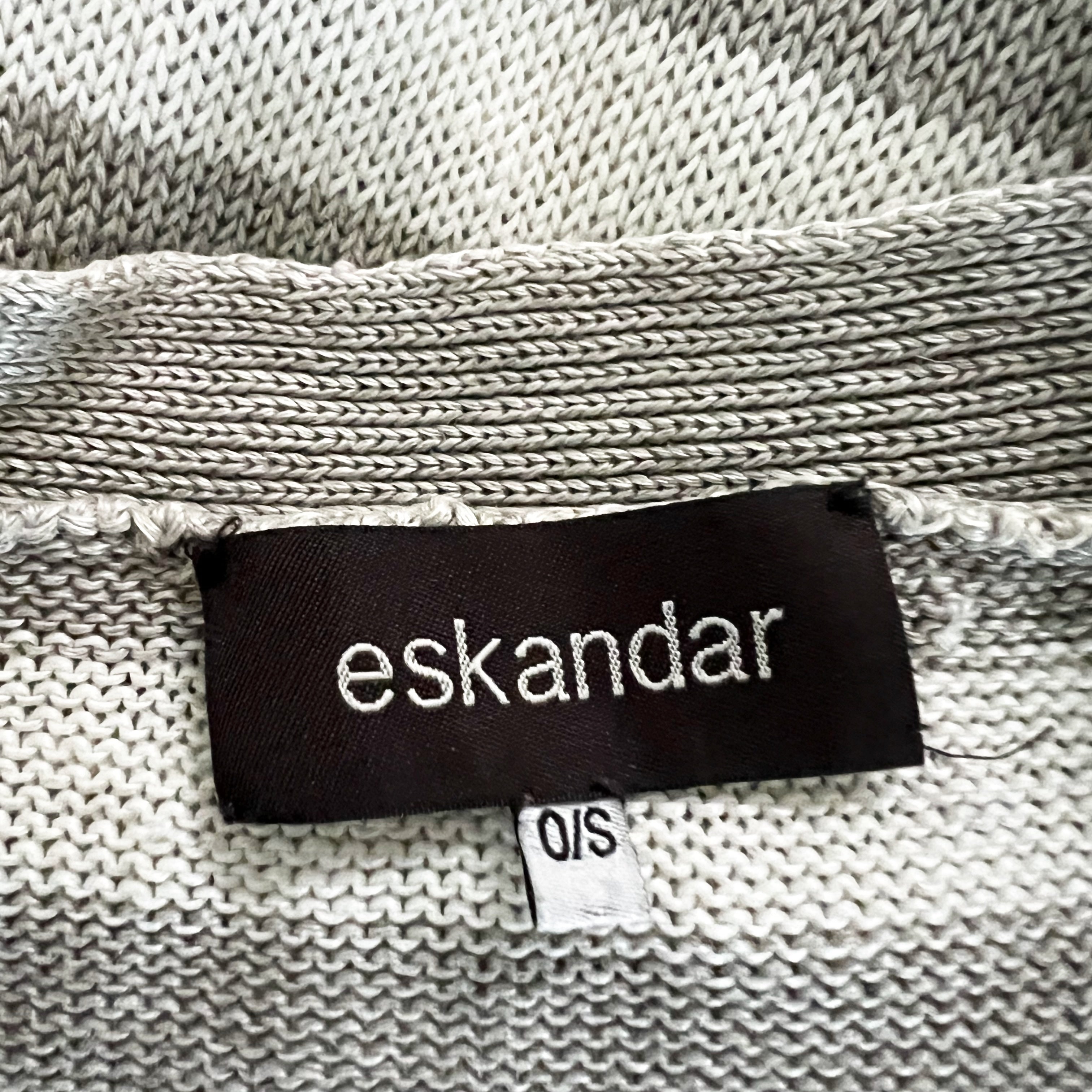 Eskandar Linen Knit Stretch V Neck Button Front Stripe Cardigan Sweater Gray OS
