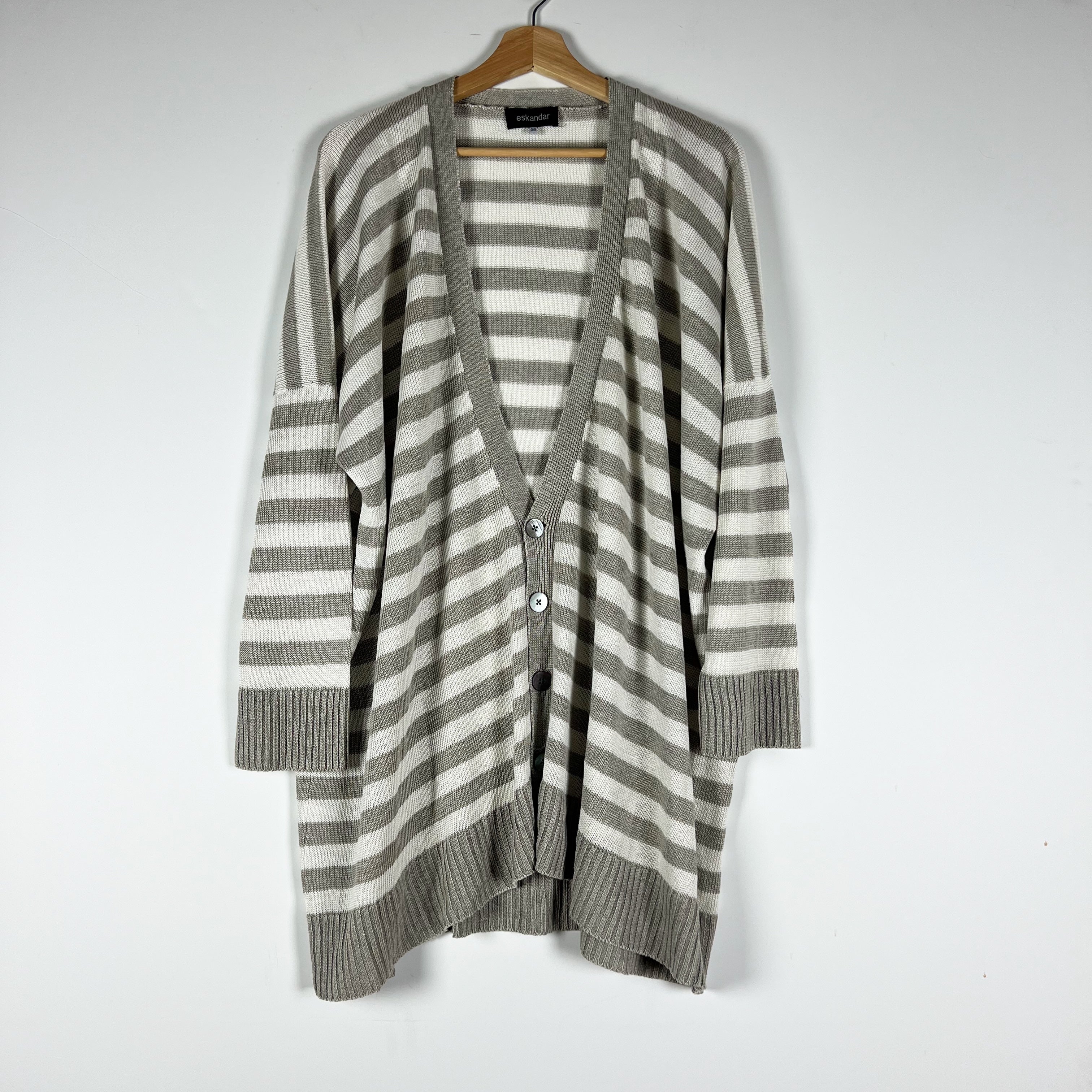 Eskandar Linen Knit Stretch V Neck Button Front Stripe Cardigan Sweater Gray OS