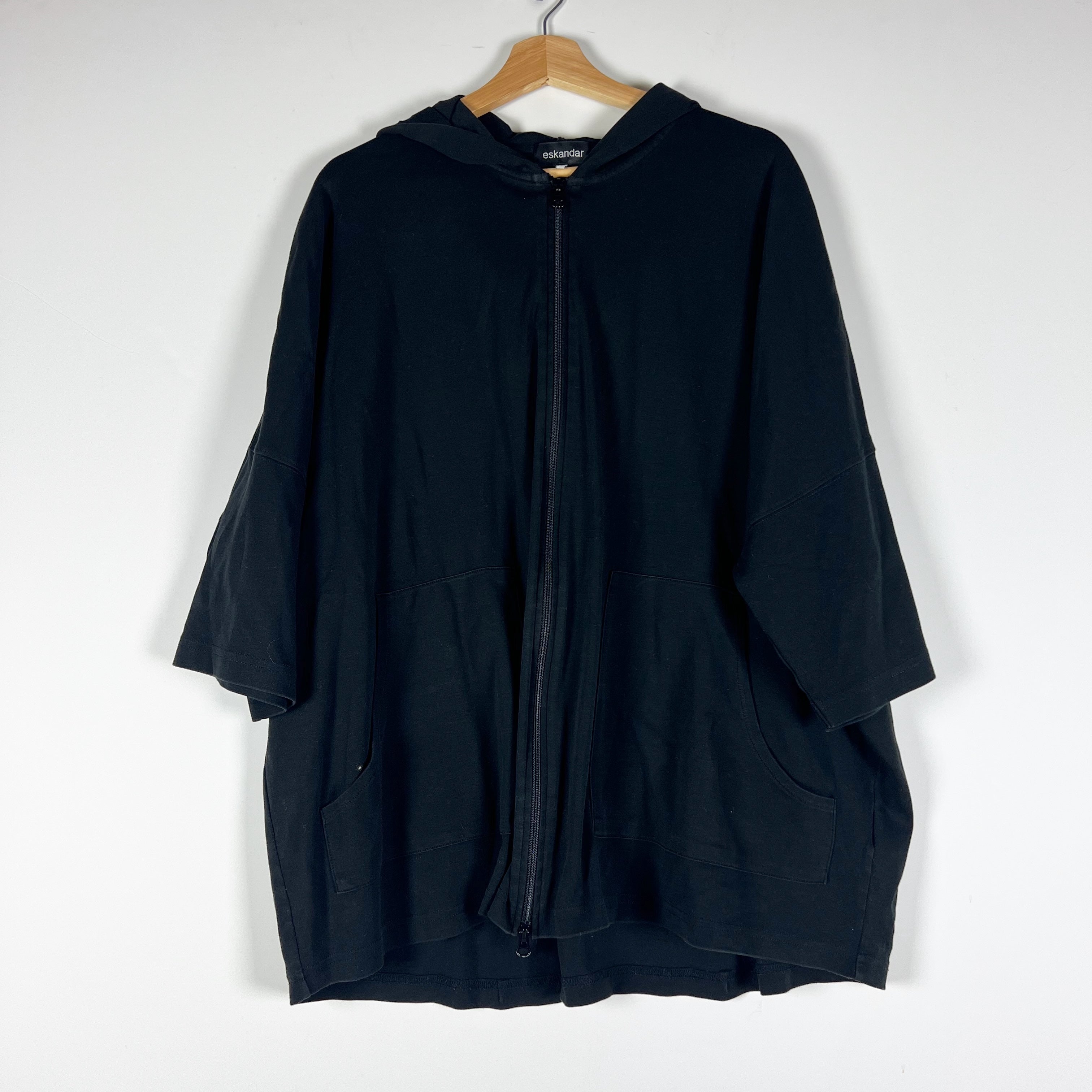 Eskandar Women's Cotton Knit Stretch Full Zip Quarter Sleeve Hooded Jacket Top