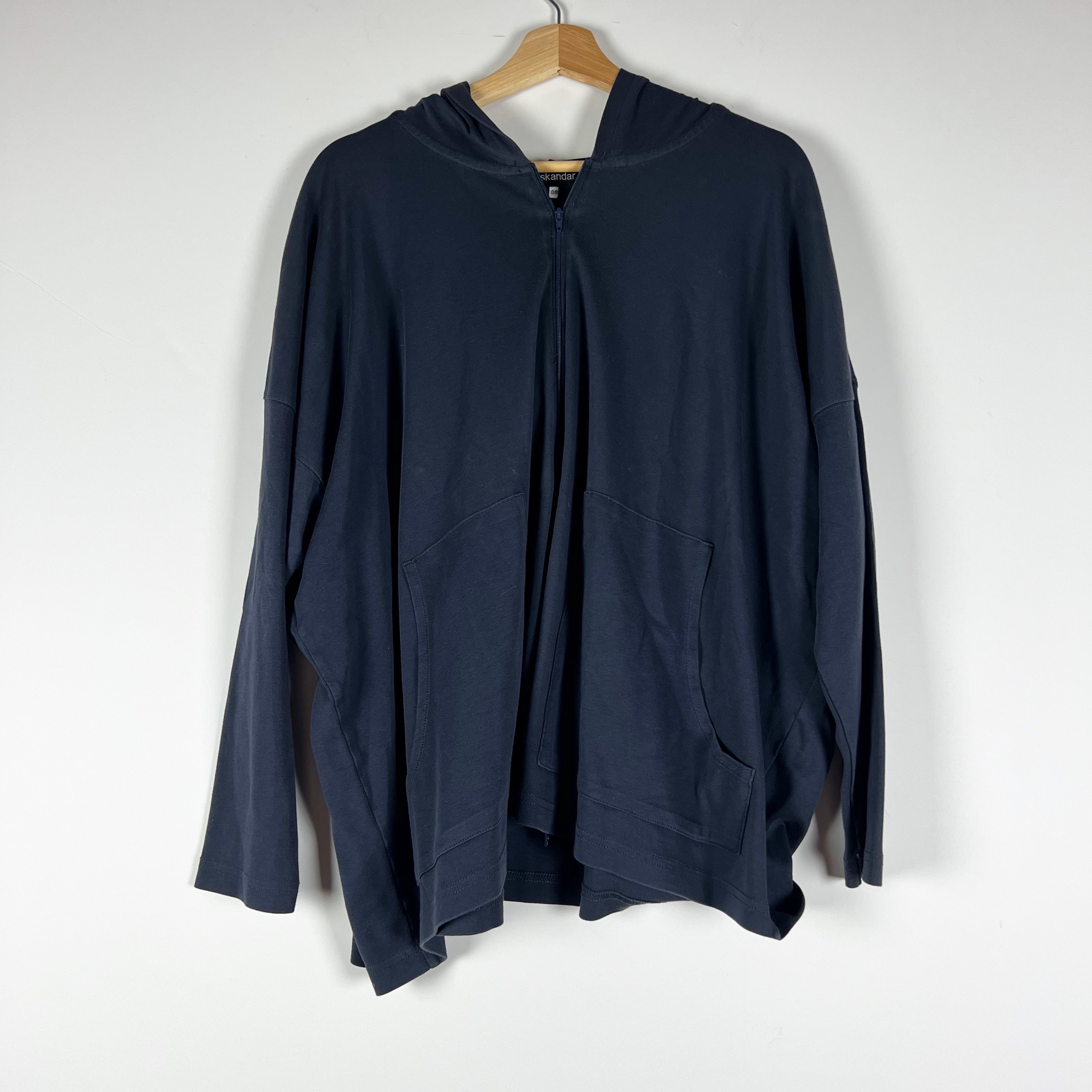 Eskandar Pima Cotton Knit Stretch Full Zip Hooded Lightweight Jacket Black OS