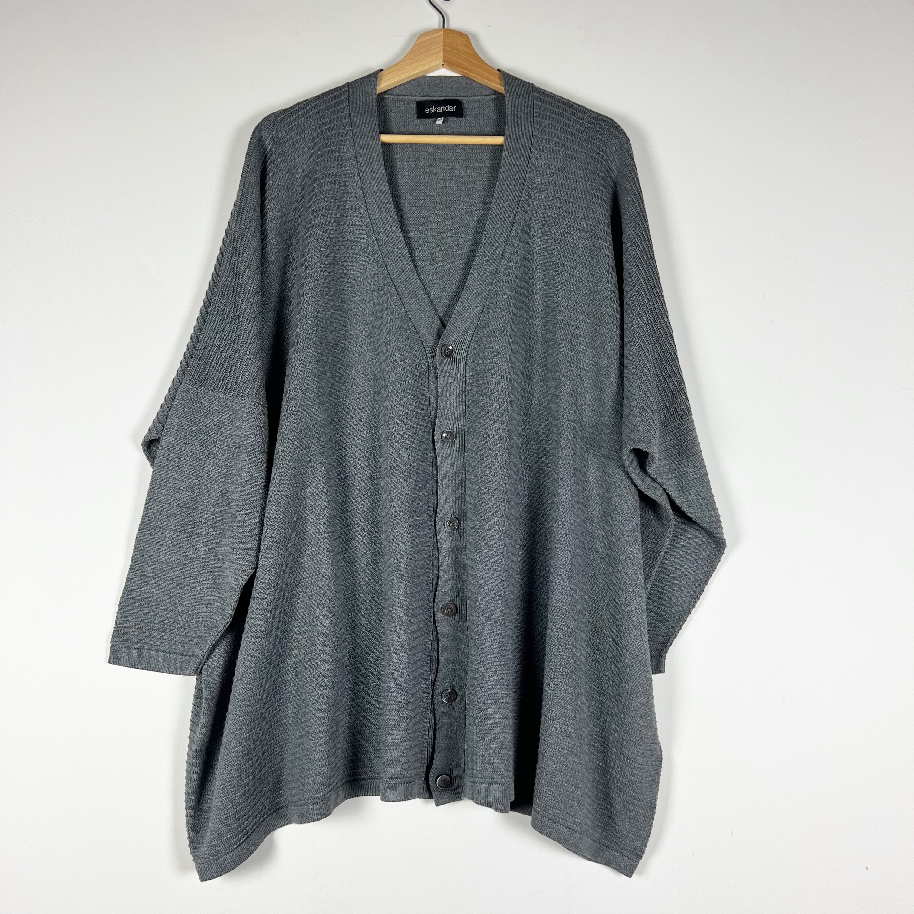 Eskandar 100% Silk Ribbed Knit Stretch V Neck Button Front Cardigan Sweater Gray