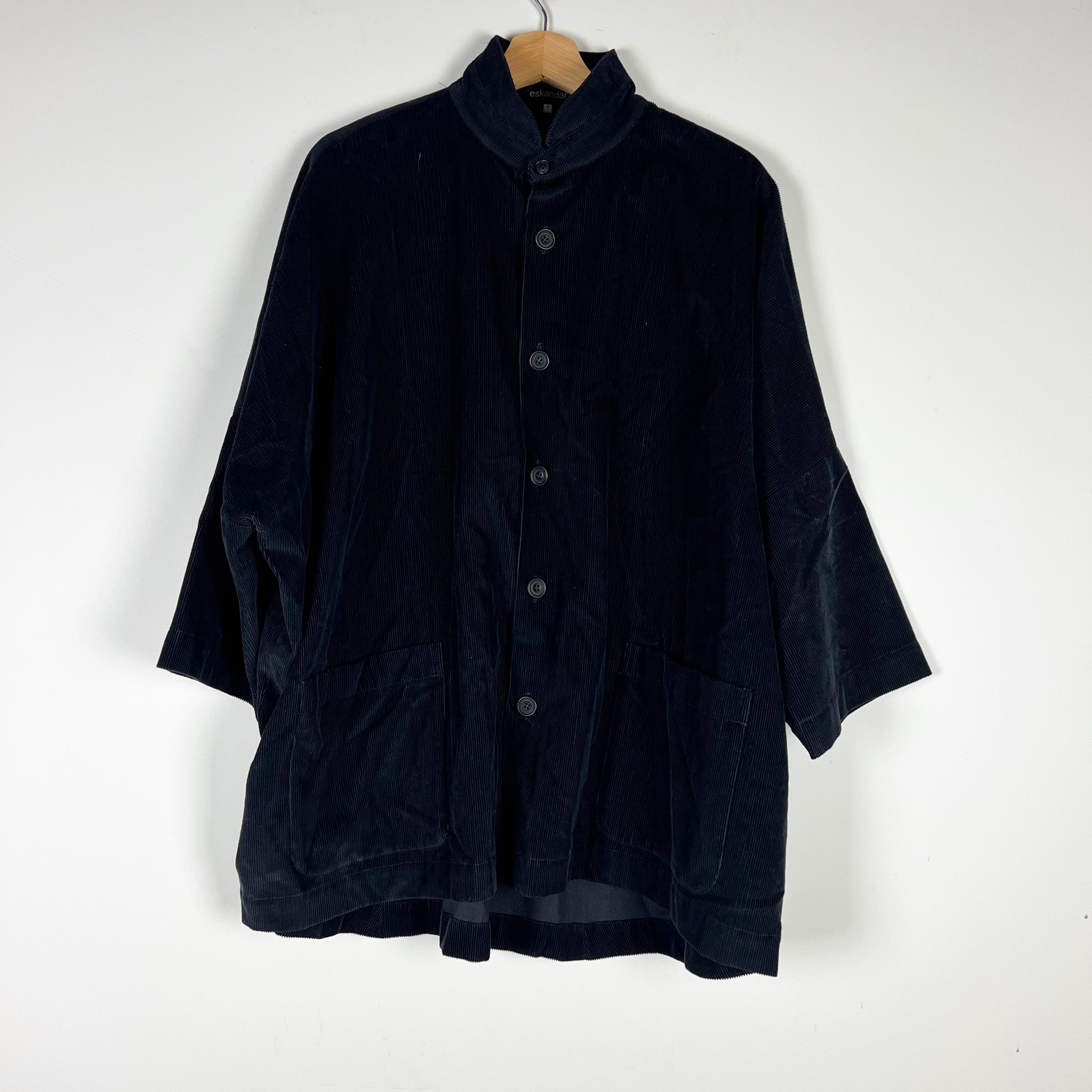 Eskandar Small Cord A Line Pleated Corduroy Velvet Velour Button Jacket Black