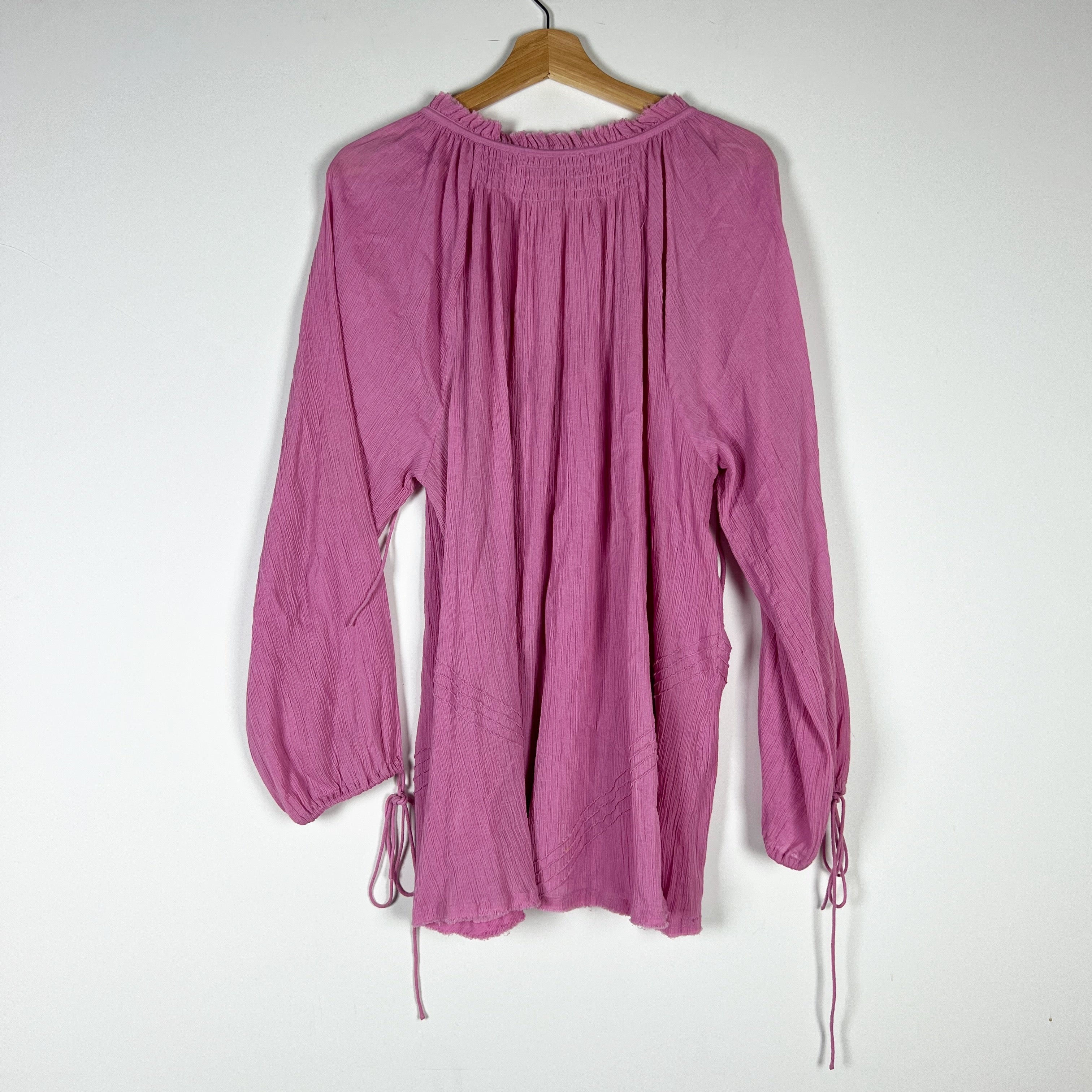 Anaak Cotton Gauze Textured Ruffle Pleated V Neck Long Sleeve Blouse Purple L