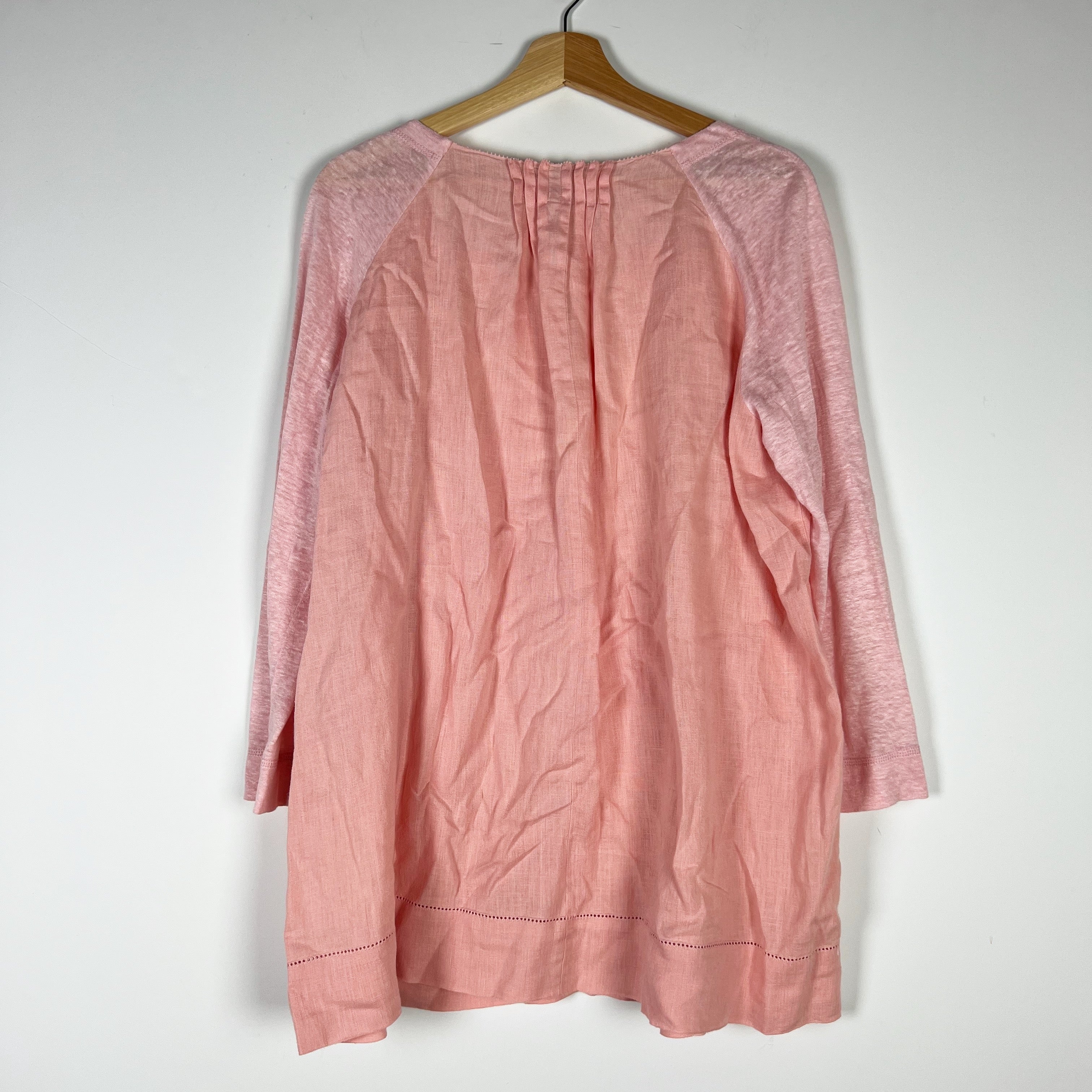 Escada Sport Linen Ruched Pleated Pearl Detail V Neck Blouse Shirt Pink Large