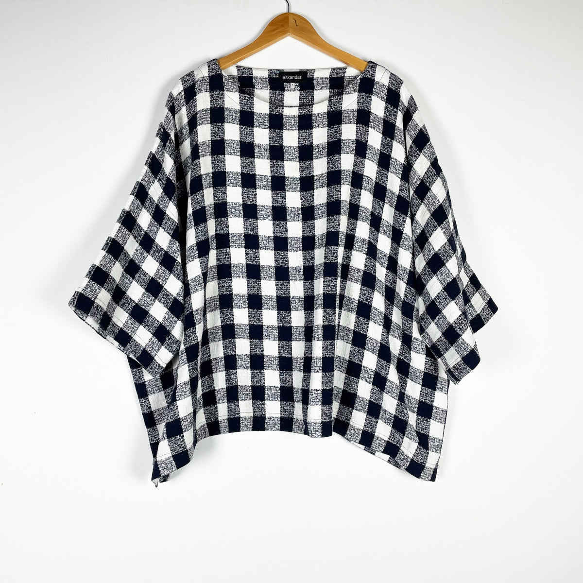 Eskandar Linen Cotton Gingham Check Print Pattern Oversized Blouse Top Blue 1