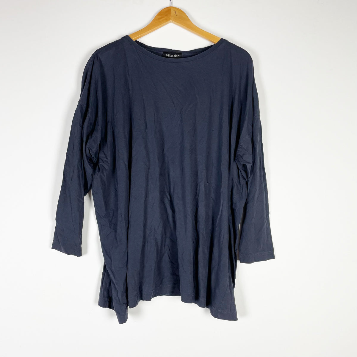 Eskandar Women's Pima Cotton Weave Scoop Neck Quarter Sleeve Tee Shirt Black OS