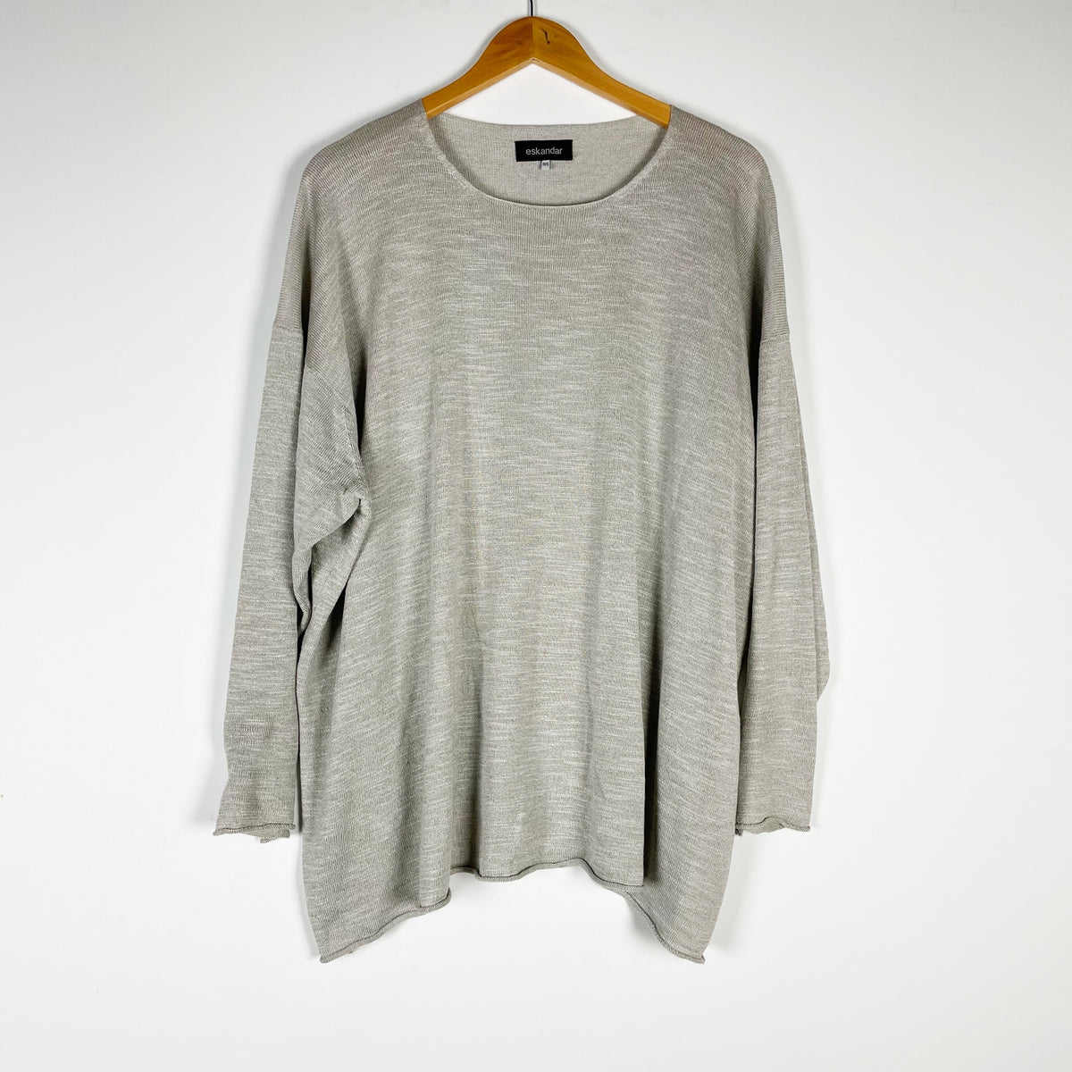 Eskandar Silk Linen Woven Knit Scoop Neck Long Sleeve Pullover Sweater Gray OS