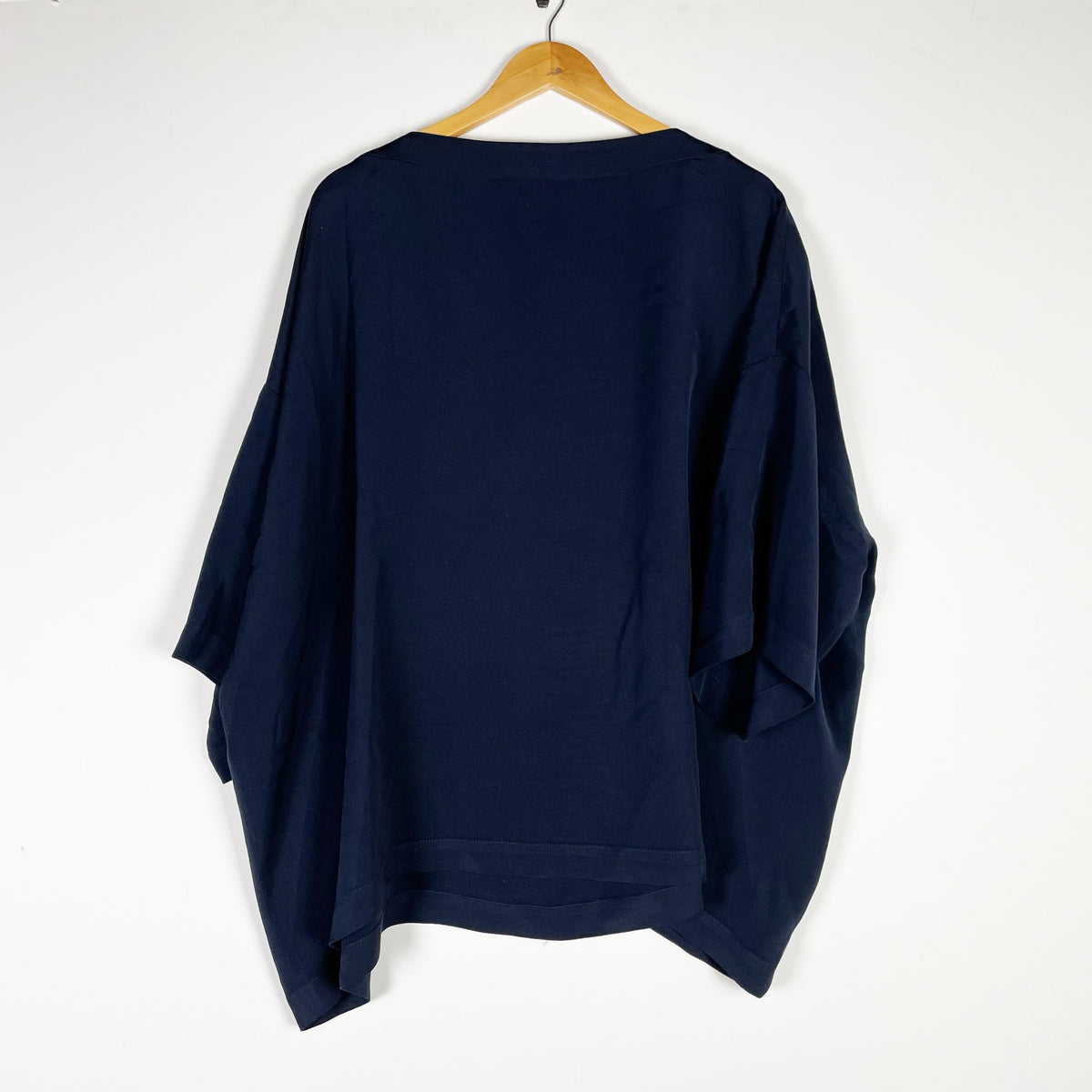 Eskandar Silk Satin Chiffon Boxy Fit Oversized Pullover Blouse Navy Blue 1