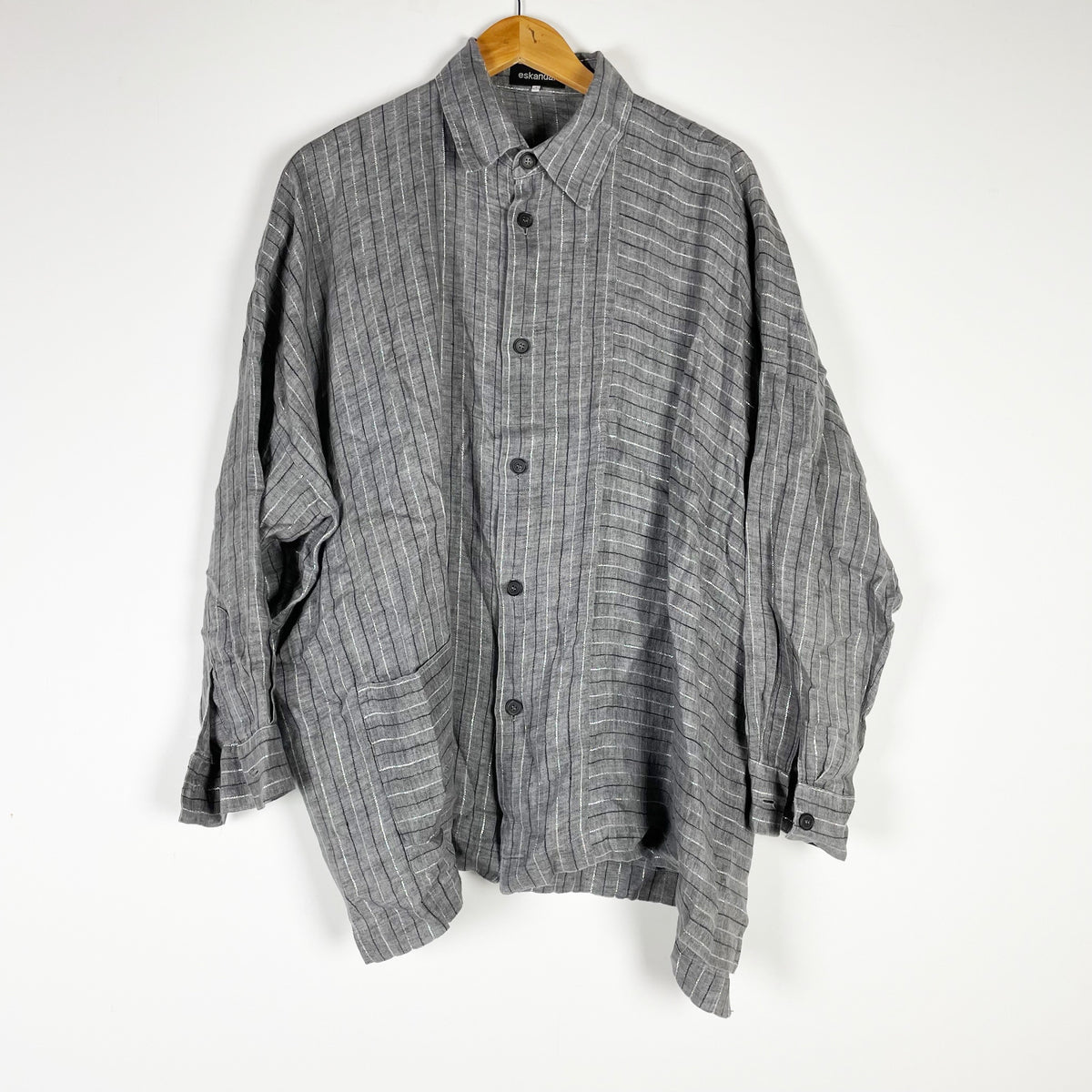 Eskandar Linen Blend Collared Button Down Metallic Pinstripe Blouse Shirt Top
