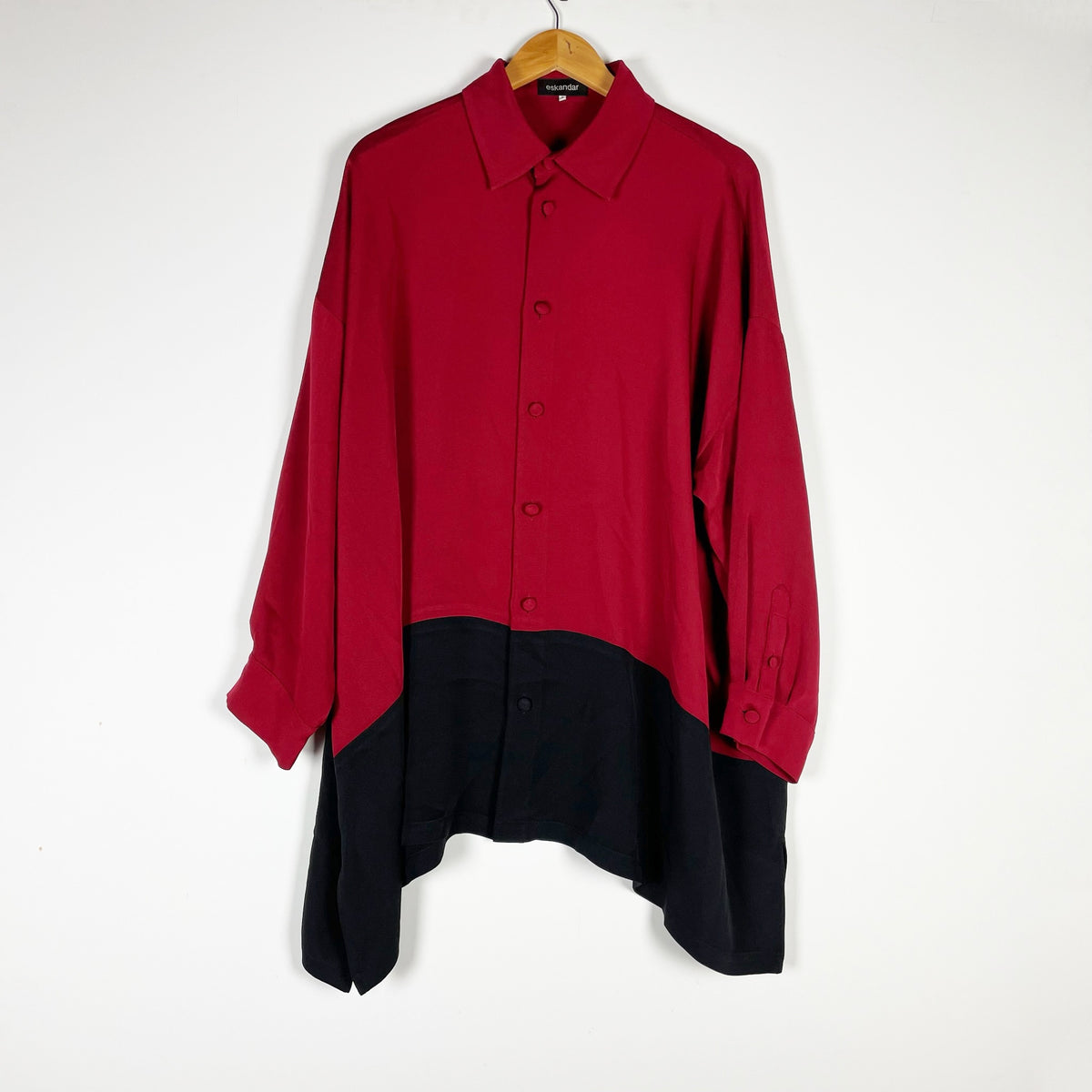 Eskandar Silk Collared Button Down Long Sleeve Red Black Colorblock Blouse Shirt