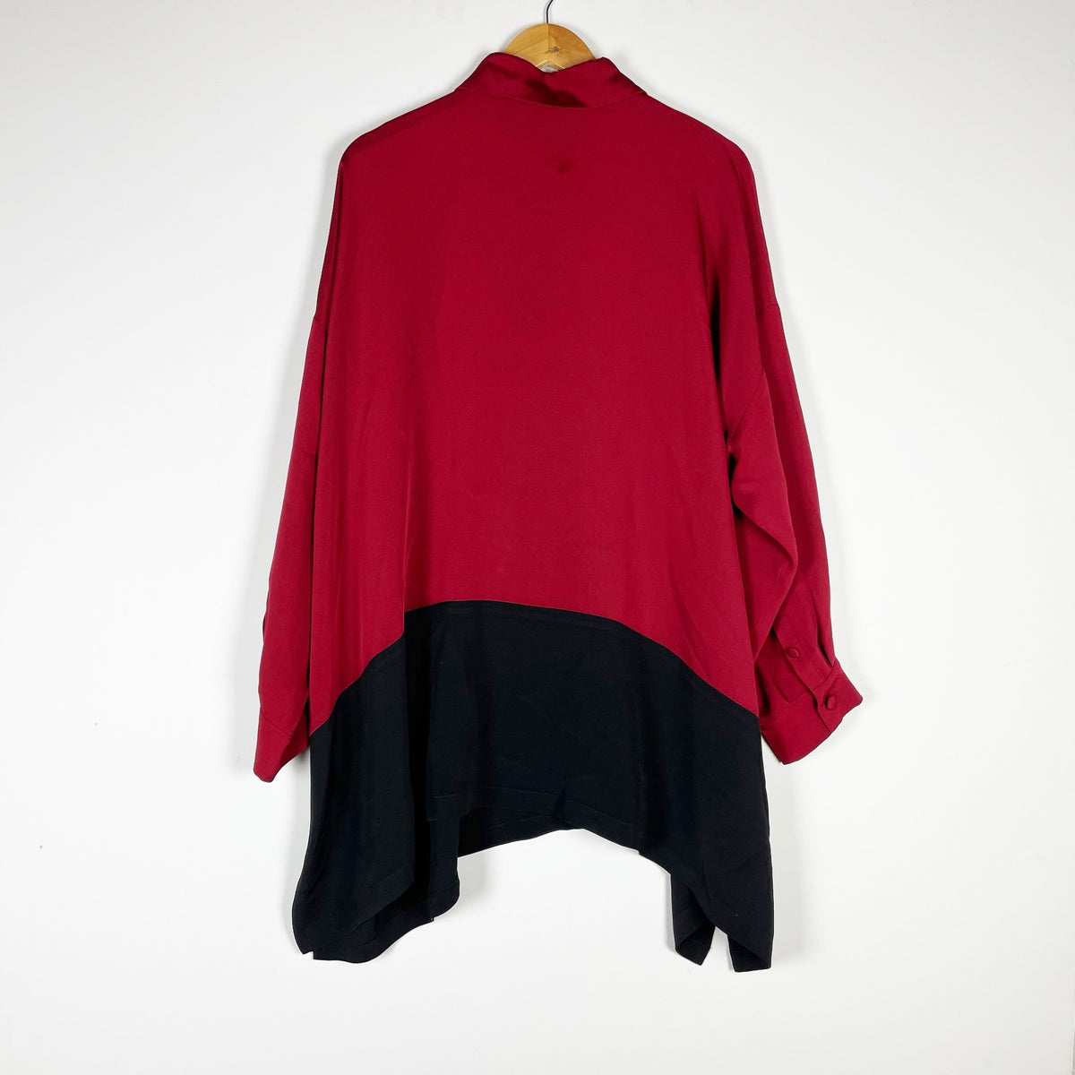 Eskandar Silk Collared Button Down Long Sleeve Red Black Colorblock Blouse Shirt