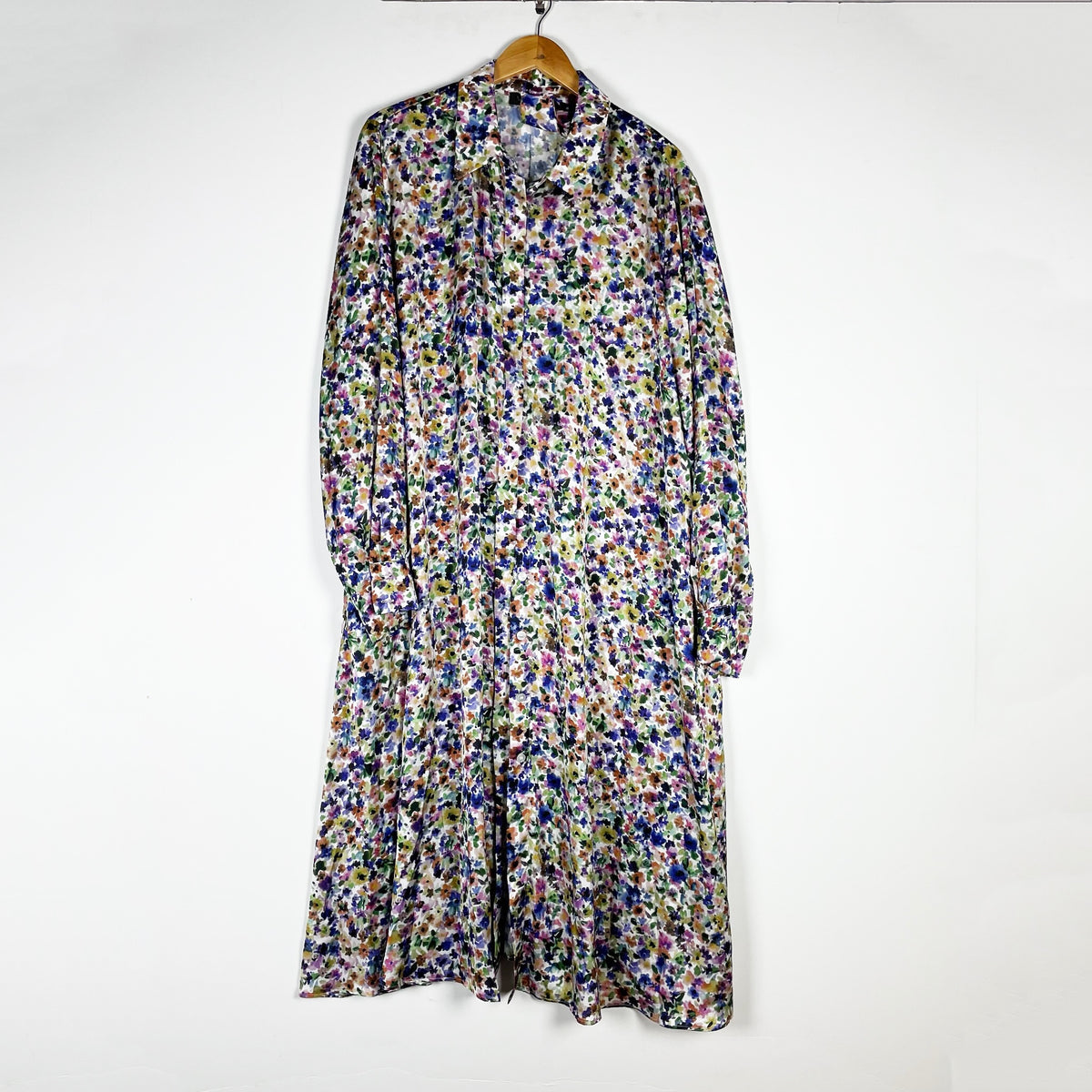 Marina Rinaldi Watercolor Floral Print Pattern Satin Button Front Maxi Dress 20
