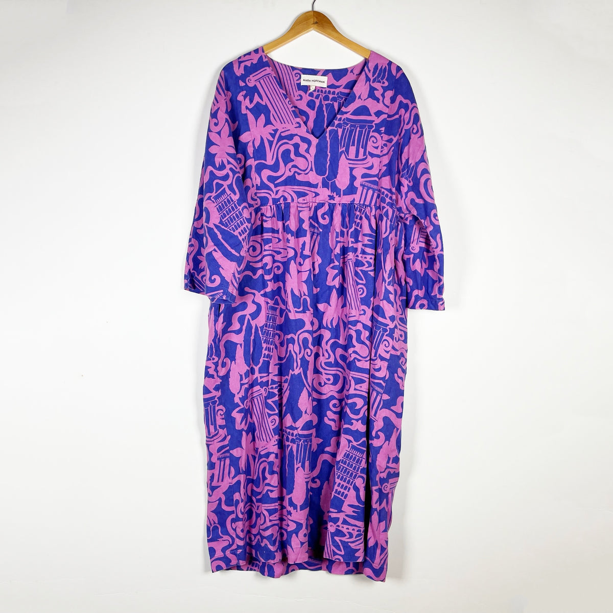 Mara Hoffman Aviva Relaxed Deep V Purple Pink Abstract Print Midi Dress XL