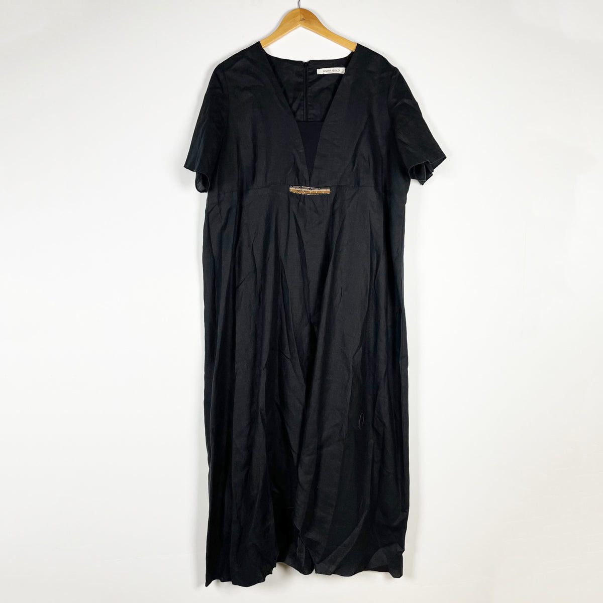 Marina Rinaldi Linen Beaded Suede Embellished Detail lV Neck Kaftan Maxi Dress