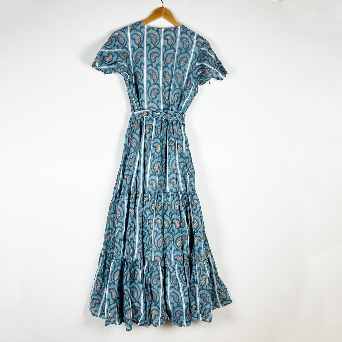 Oliphant V Neck Cotton Voile Belted Tiered Maxi Dress Goa Blue Print Pattern L