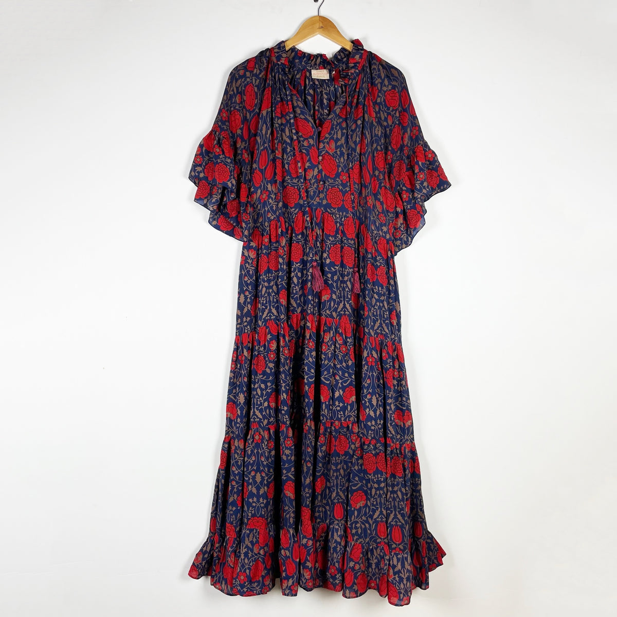 Rungolee Melodie Silk Chiffon Ruffle V Neck Maxi Dress Twilight Gardenia Floral