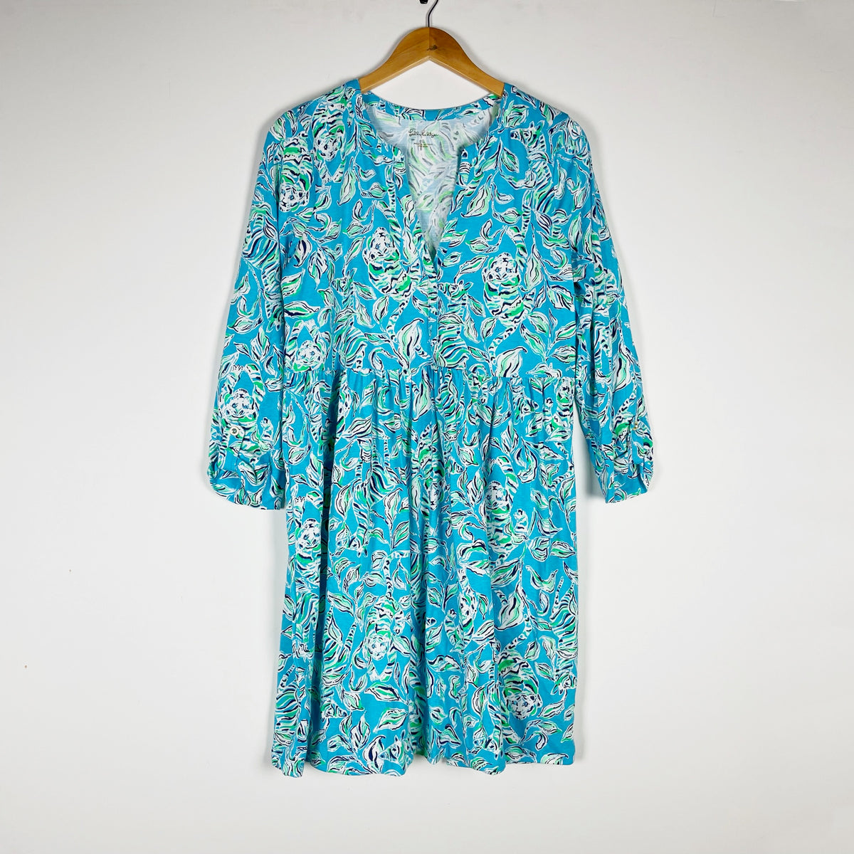 Lilly Pulitzer Loran Quarter Sleeve Swing Dress Turquoise Oasis Outta Line Large