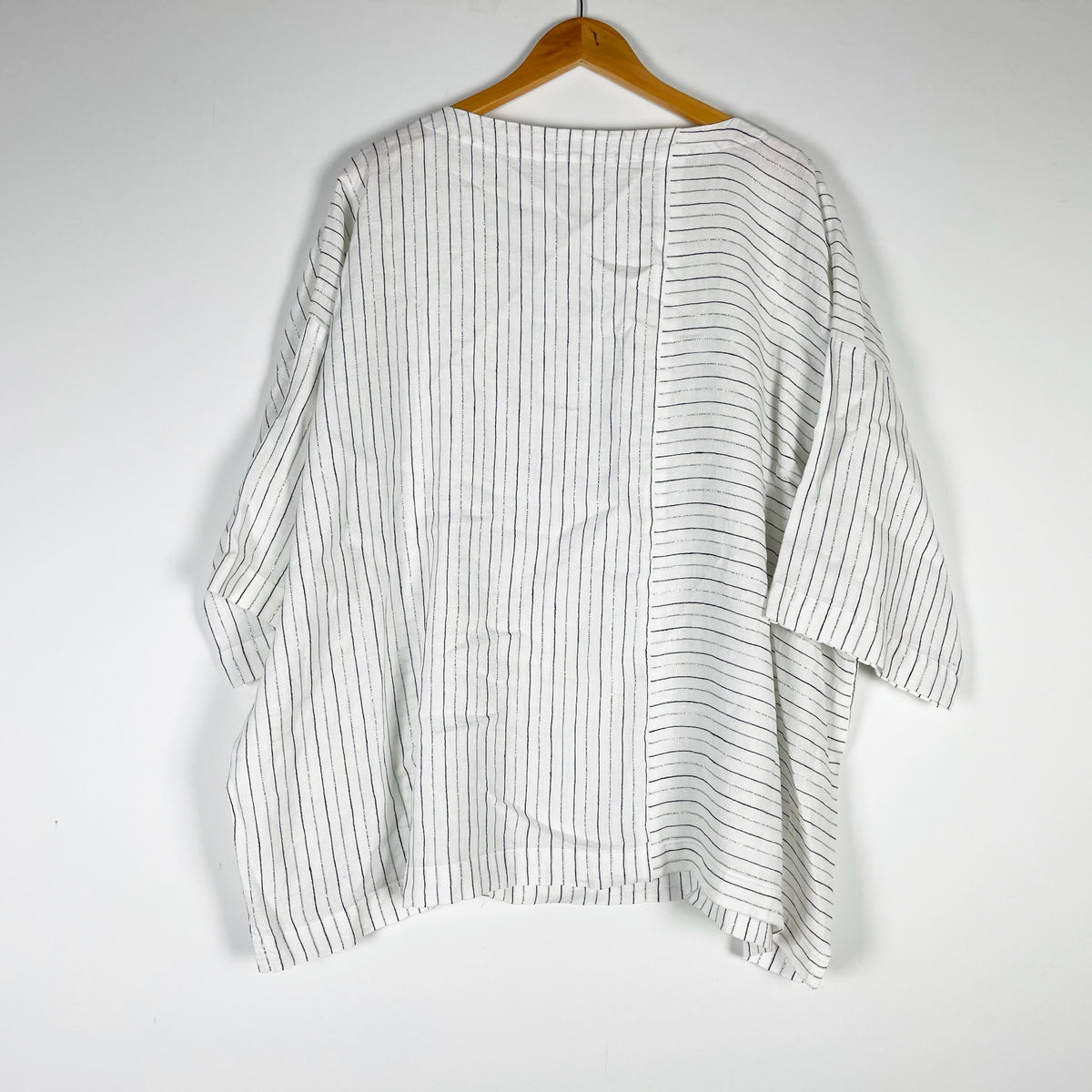 Eskandar Linen Woven Metallic Stripe Print Pattern Boxy Fit Blouse Shirt Top