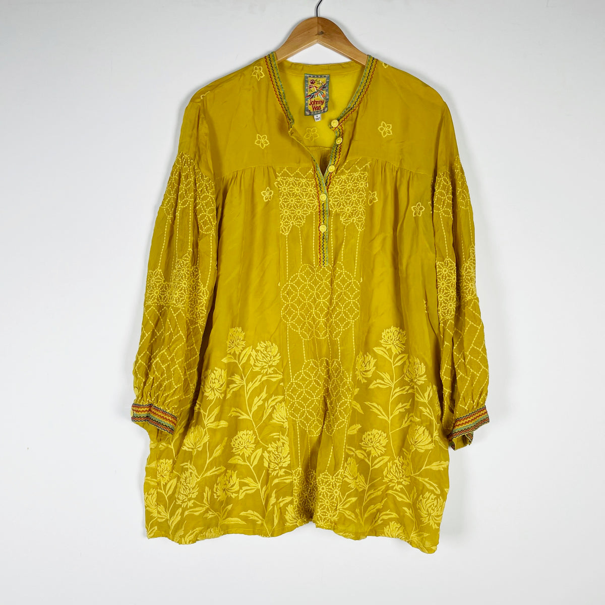 Johnny Was Cupra Rayon Floral Flower Embroidered Pullover Tunic Blouse Yellow XL