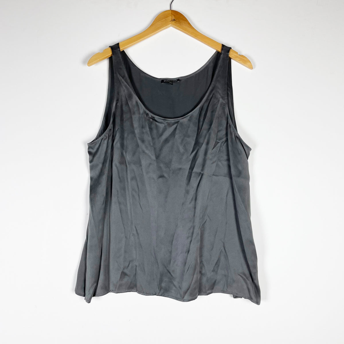 Eileen Fisher Women's Silk Satin Scoop Neck Sleeveless Tank Top Black XL