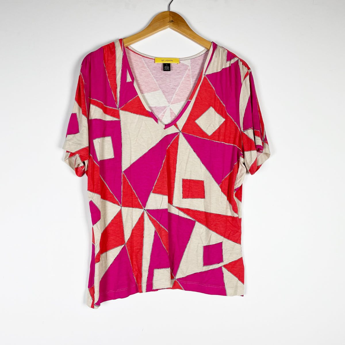 St. John Women's Jersey Knit Stretch V Neck Geometric Print Pattern Tee Shirt XL