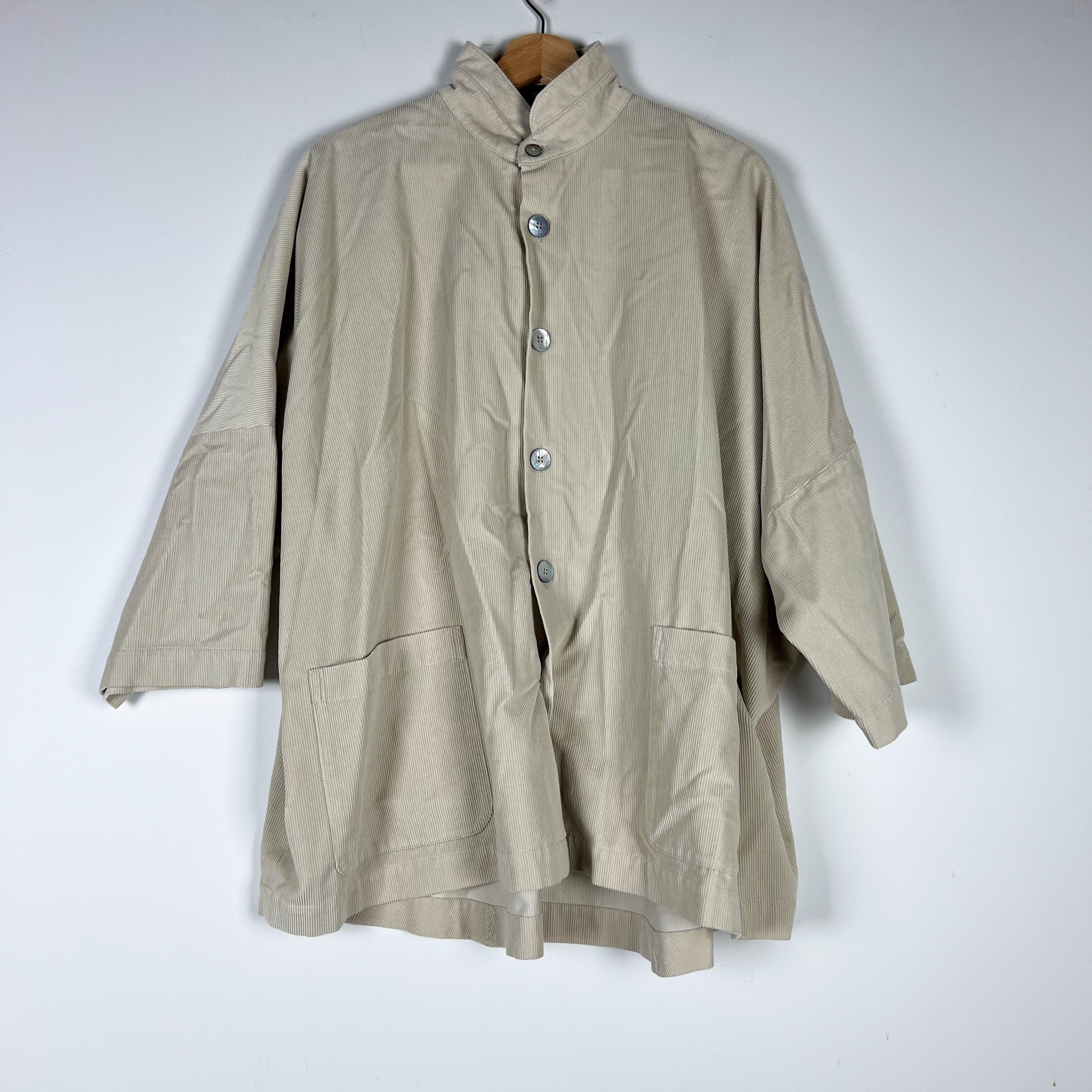 Eskandar Small Cord A Line Pleated Corduroy Velvet Velour Button Jacket Beige L