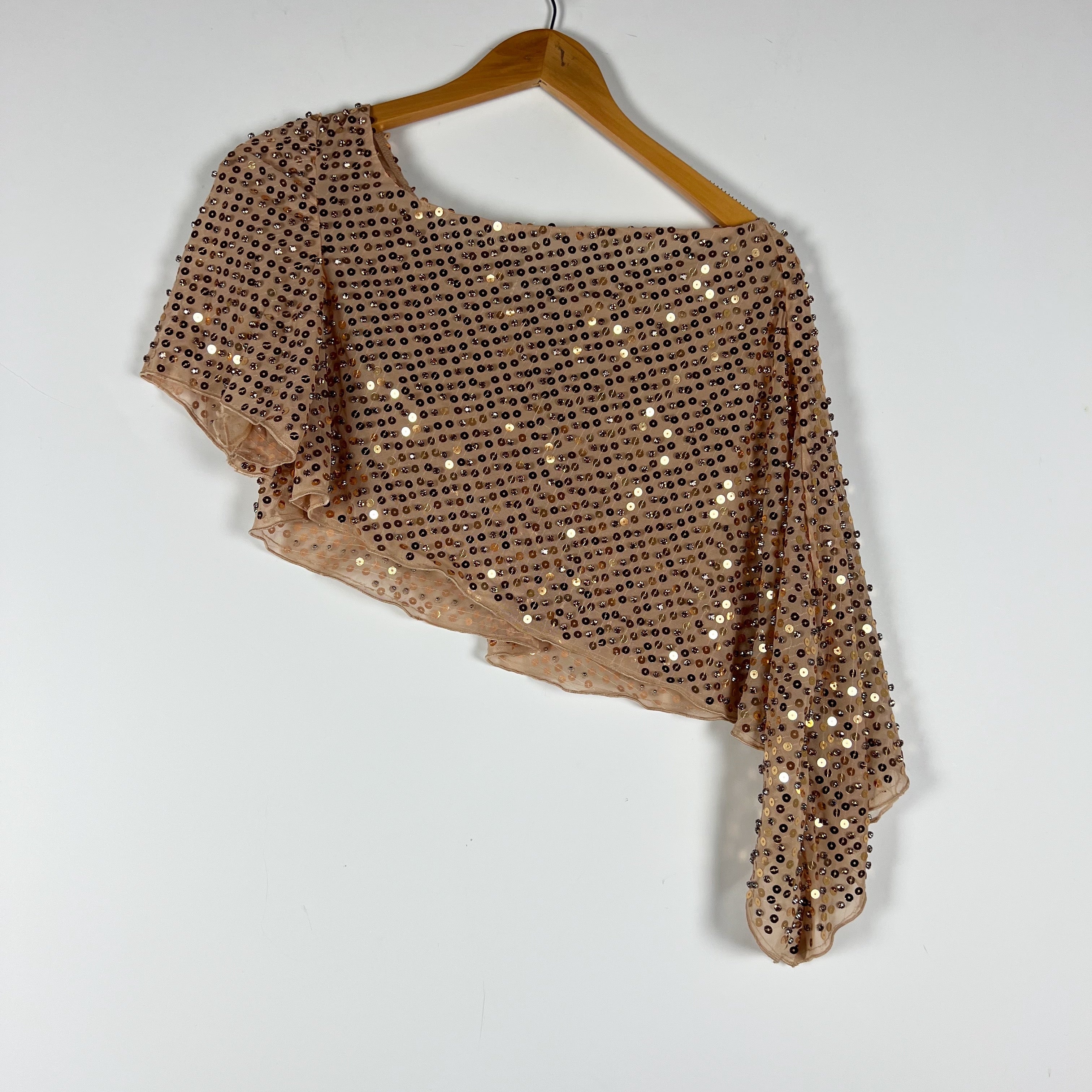 Oh Polly Callista Sequin Jewel Embellished One-Shoulder Asymmetric Top in Bronze
