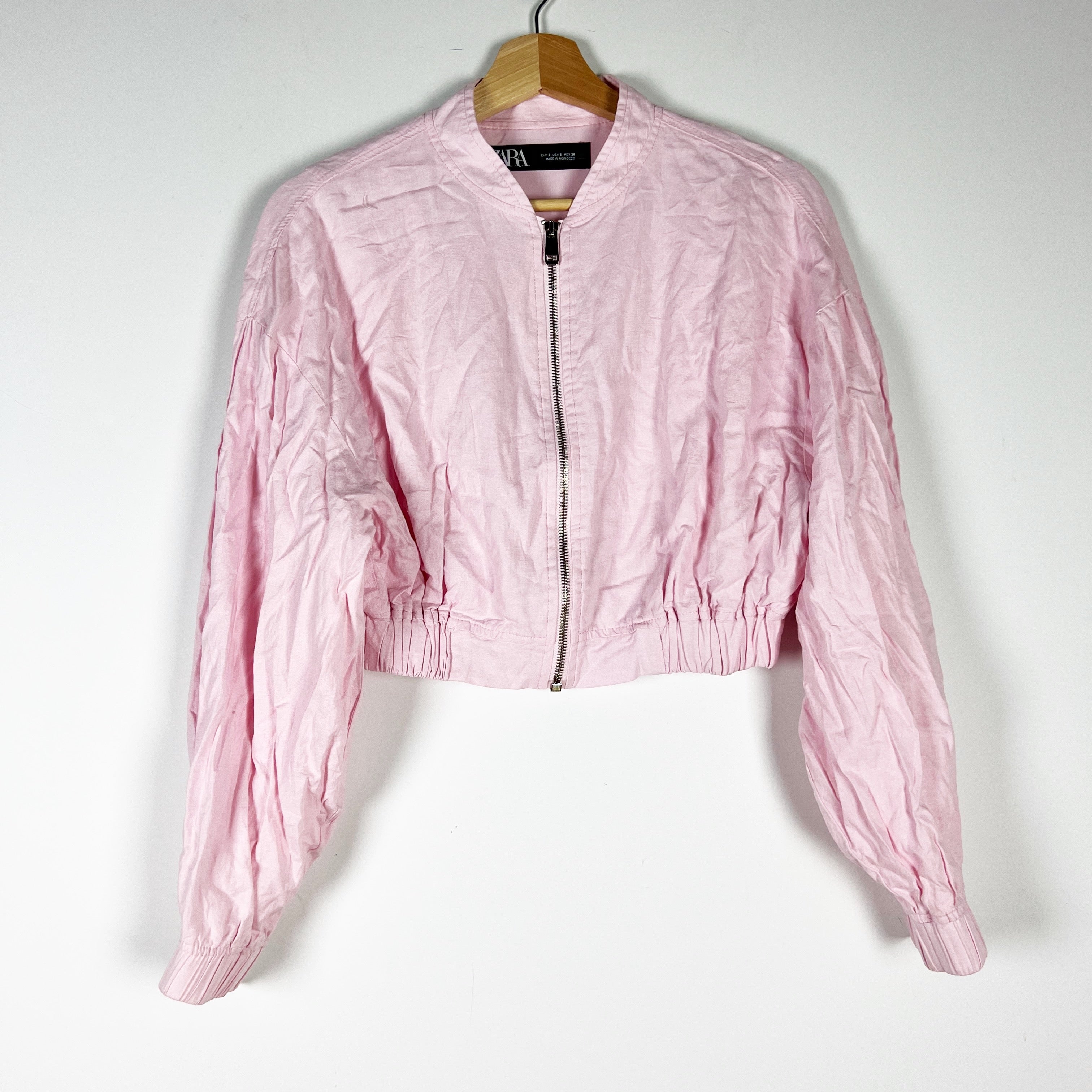Zara Linen Stretch Blend Full Zip Collarless Cropped Lightweight Jacket Pink S