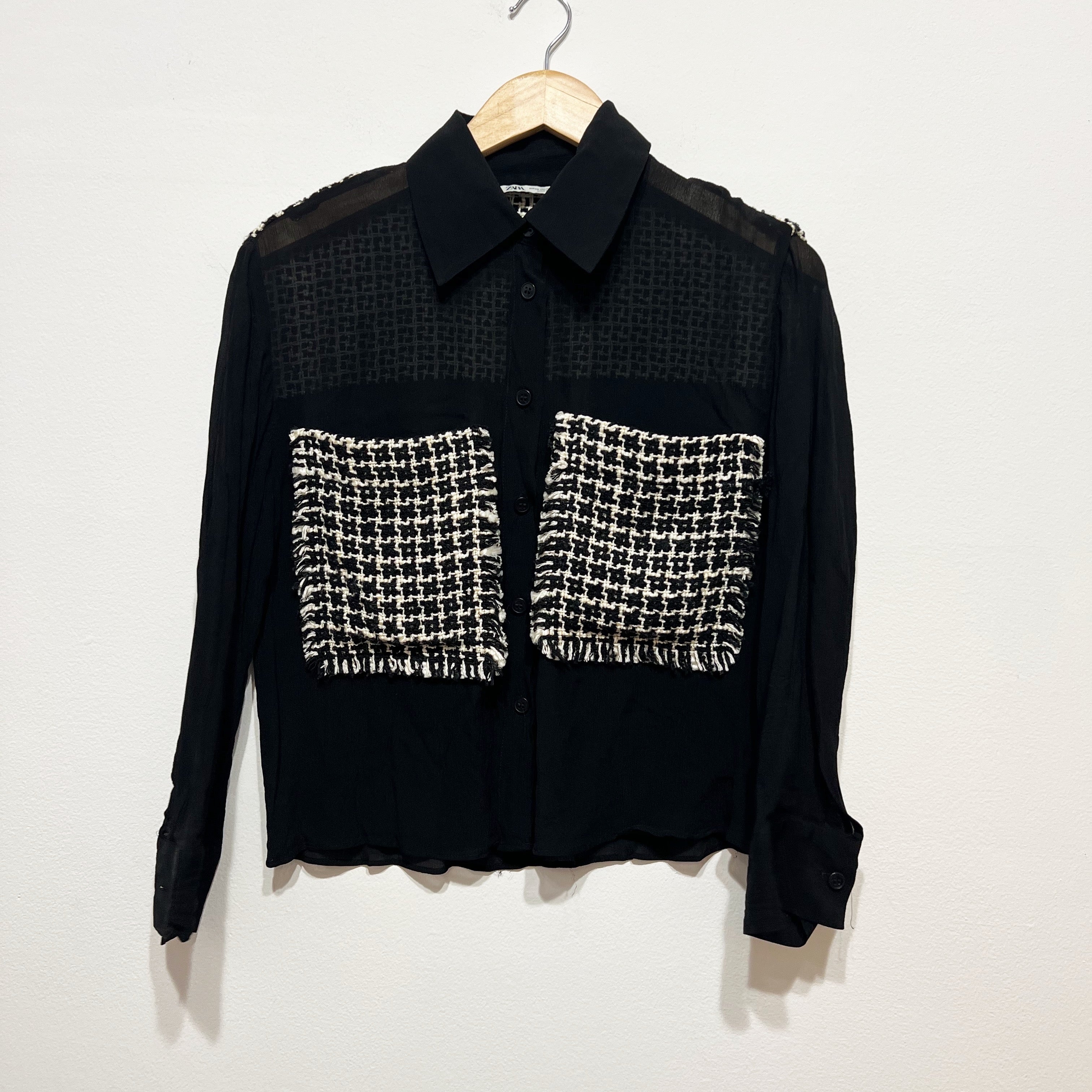 Zara Semi Sheer Chiffon Boucle Tweed Pocket Patchwork Button Front Blouse Shirt