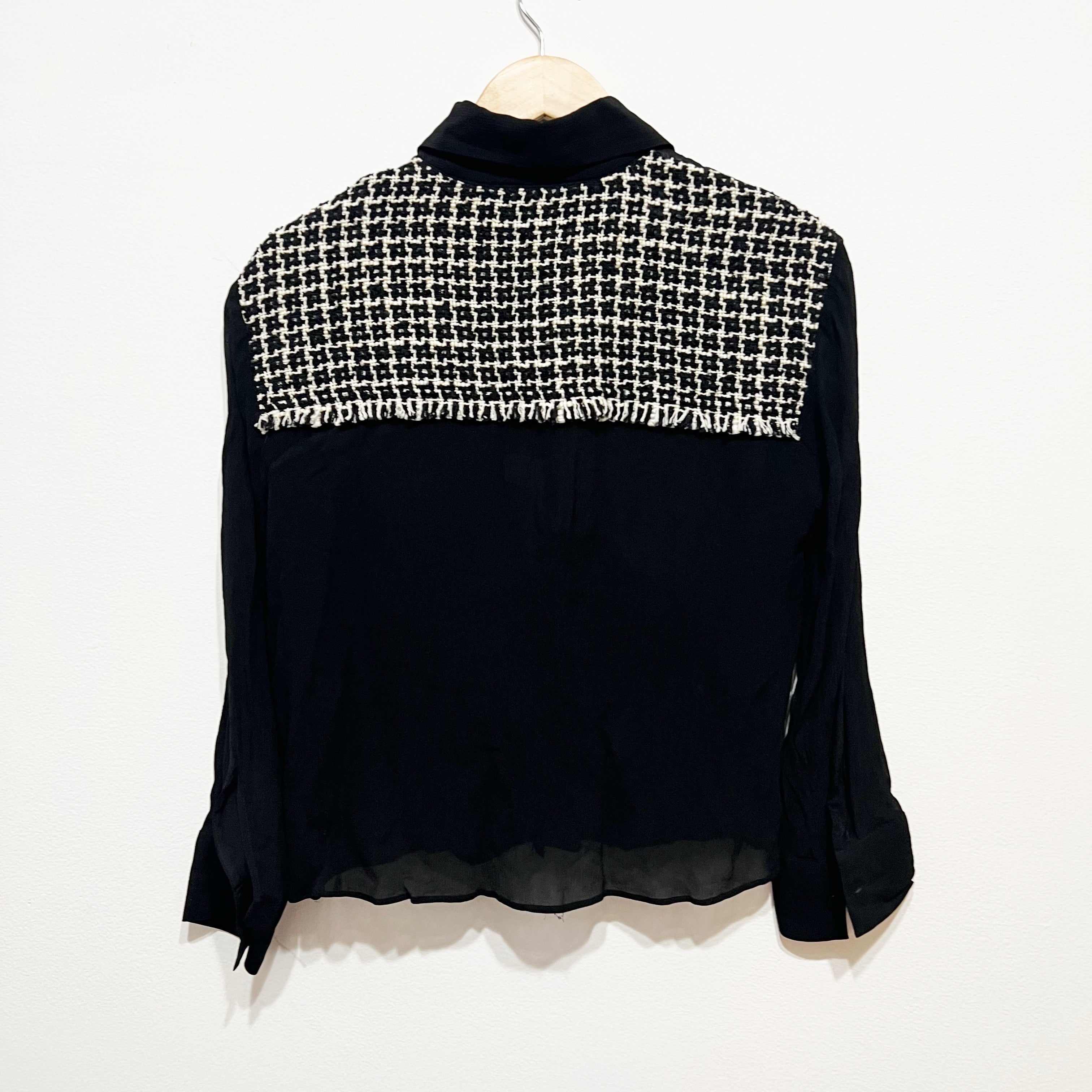 Zara Semi Sheer Chiffon Boucle Tweed Pocket Patchwork Button Front Blouse Shirt