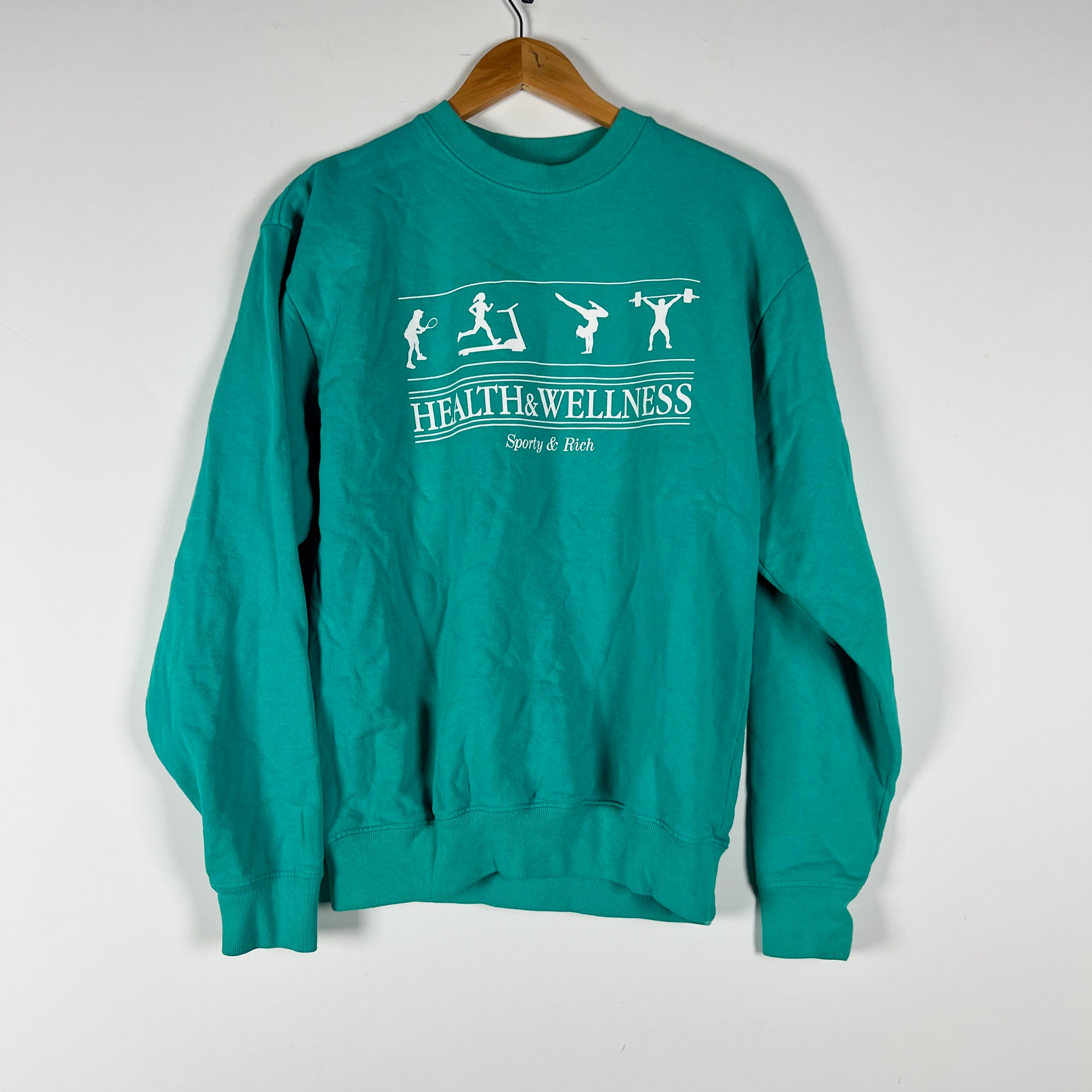 Sporty & Rich Health & Wellness Cotton Fleece Graphic Crewneck Sweater Turquoise