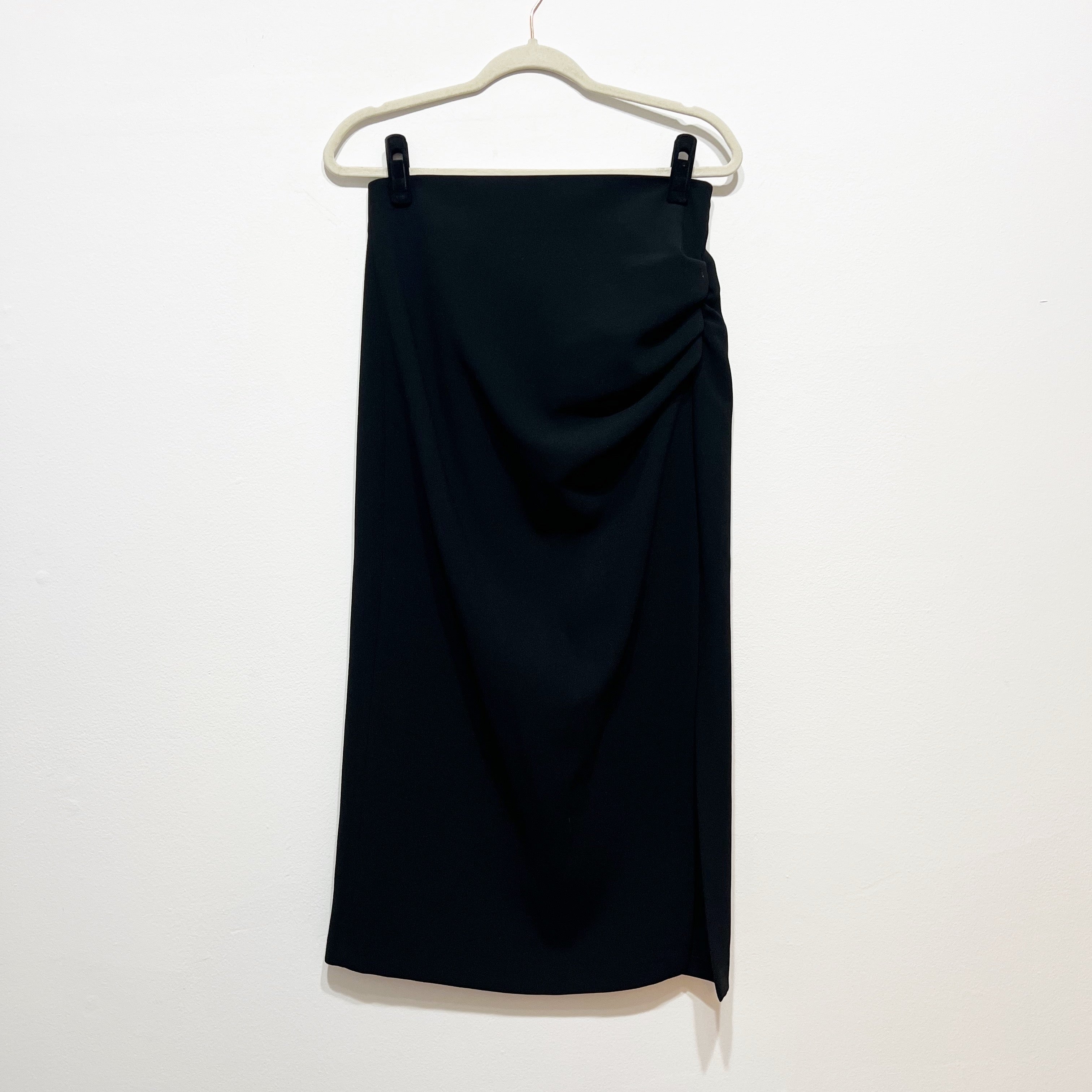 Zara Crepe Ruched Shirred Side Slit Straight Line Midi Skirt Solid Black Large