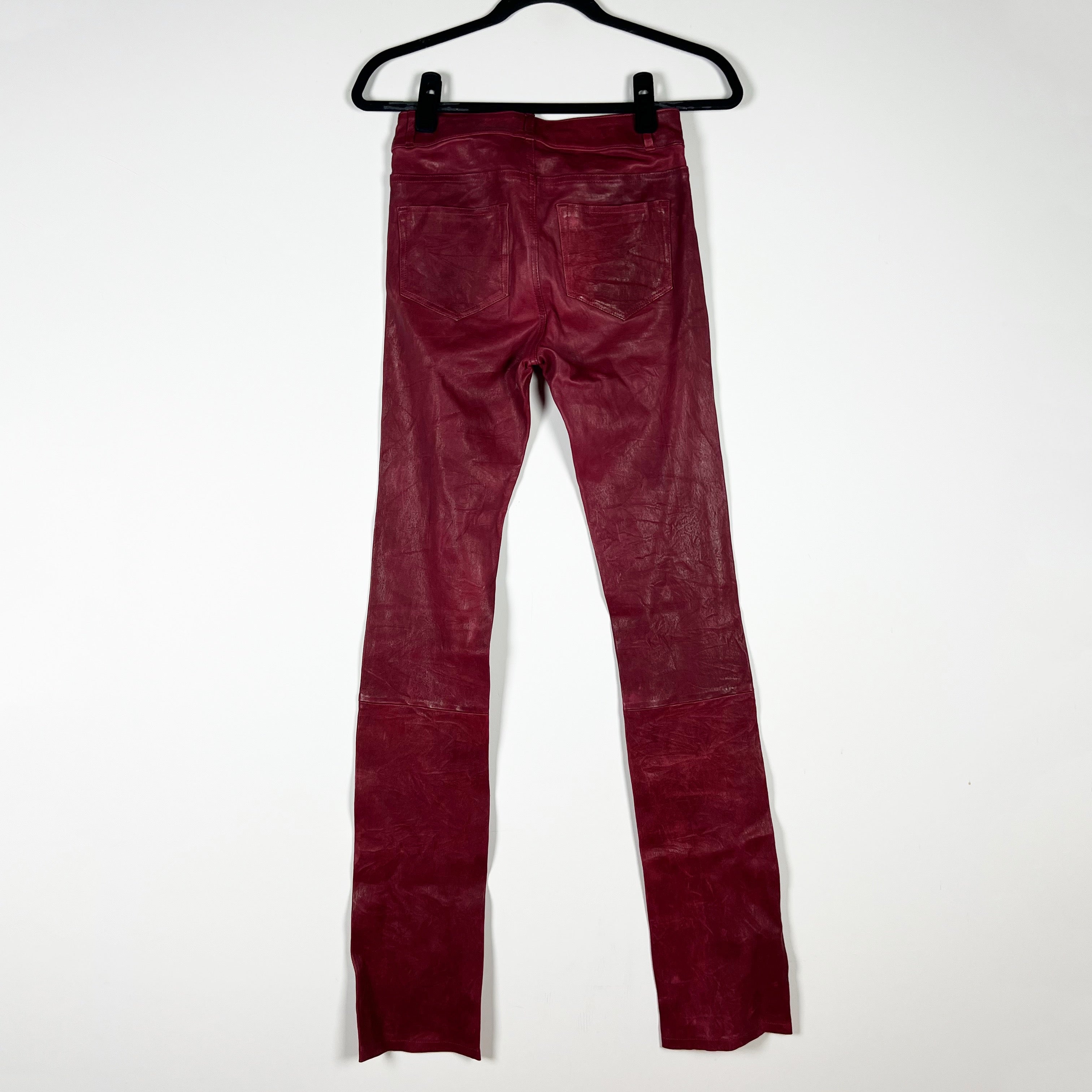 NEW Paige Constance Leather Skinny Split Hem Mid Rise Pants Rumba Red 25