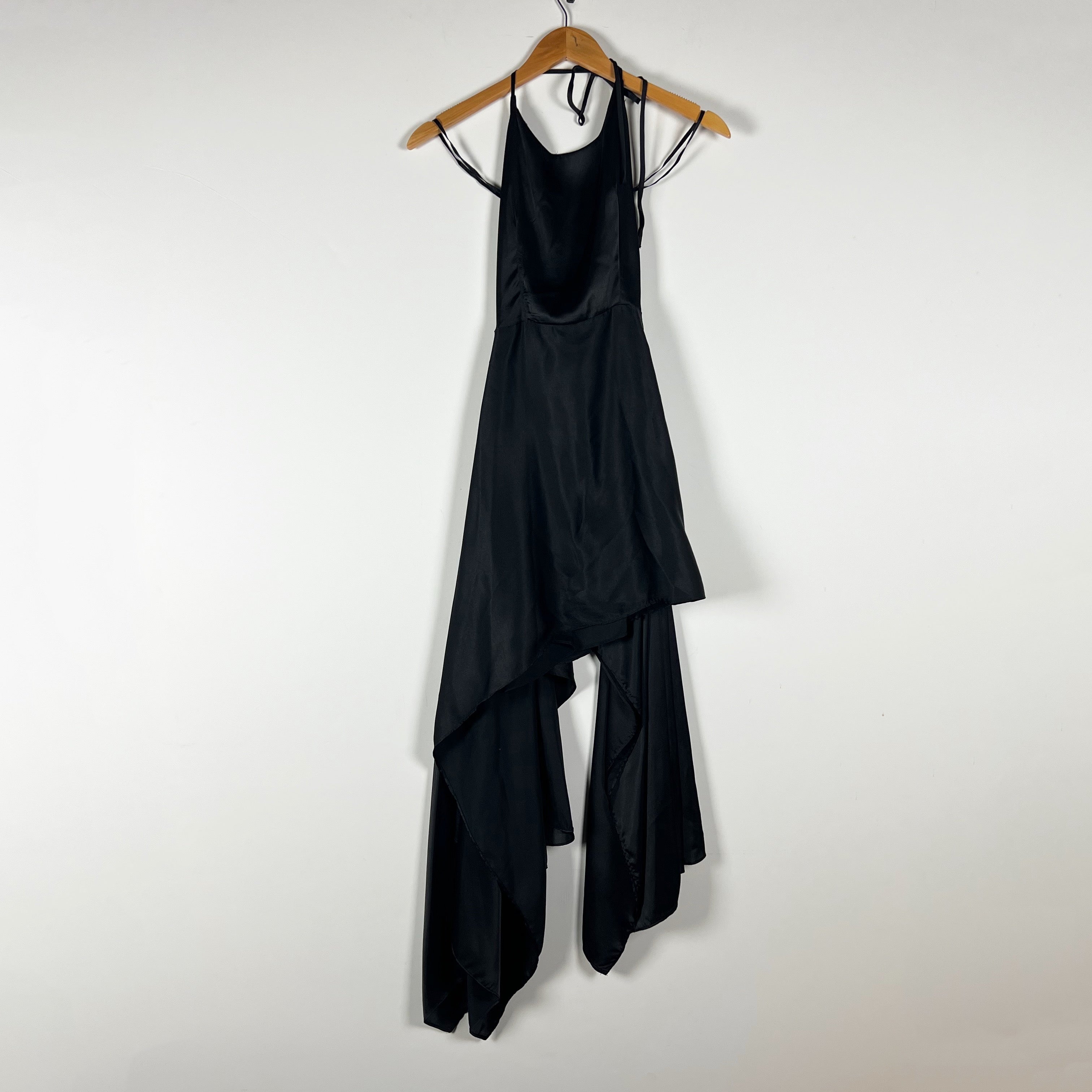 NEW Azeeza Pooja Satin Asymmetrical Ruffle Hem Halter Mini Dress Black XS