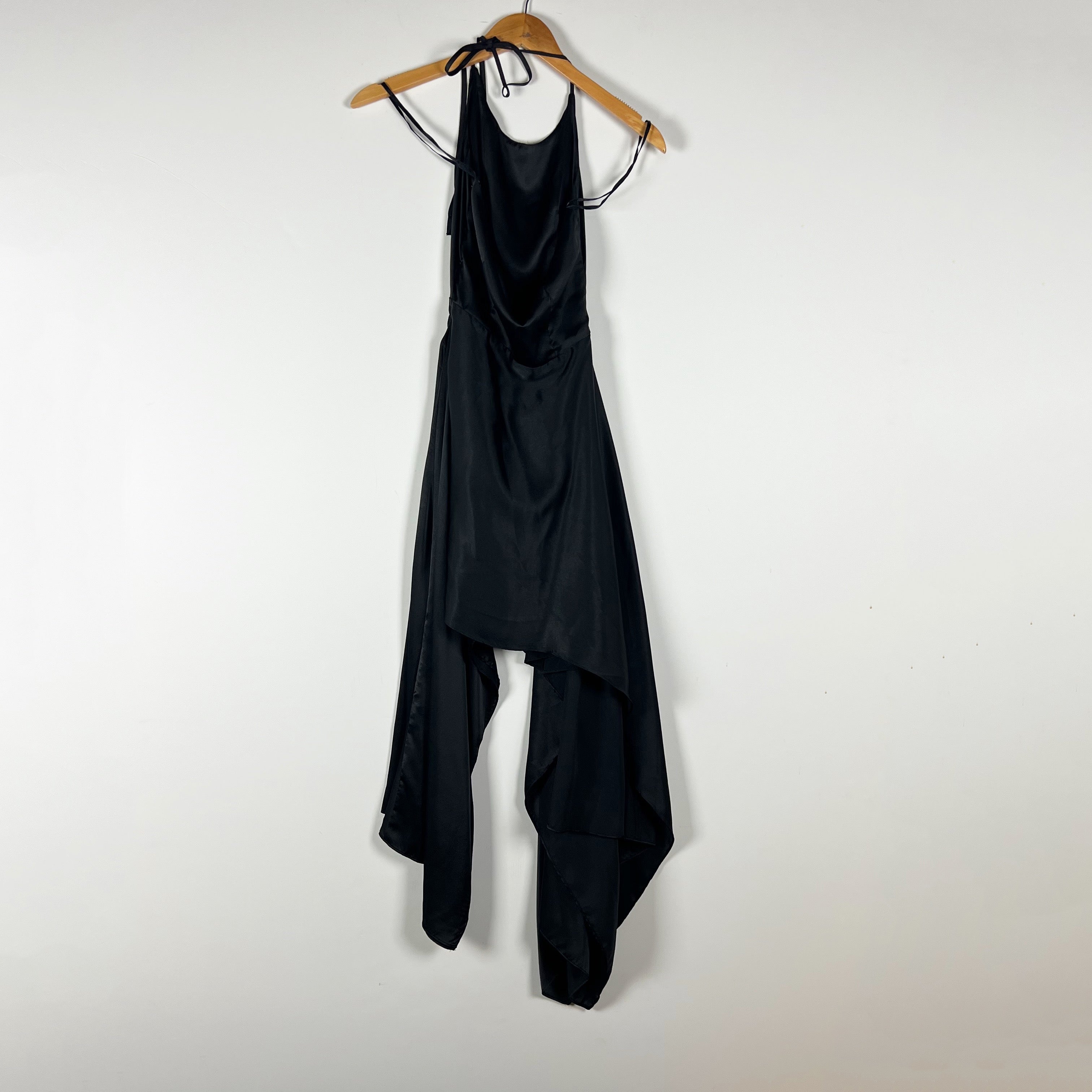 NEW Azeeza Pooja Satin Asymmetrical Ruffle Hem Halter Mini Dress Black XS