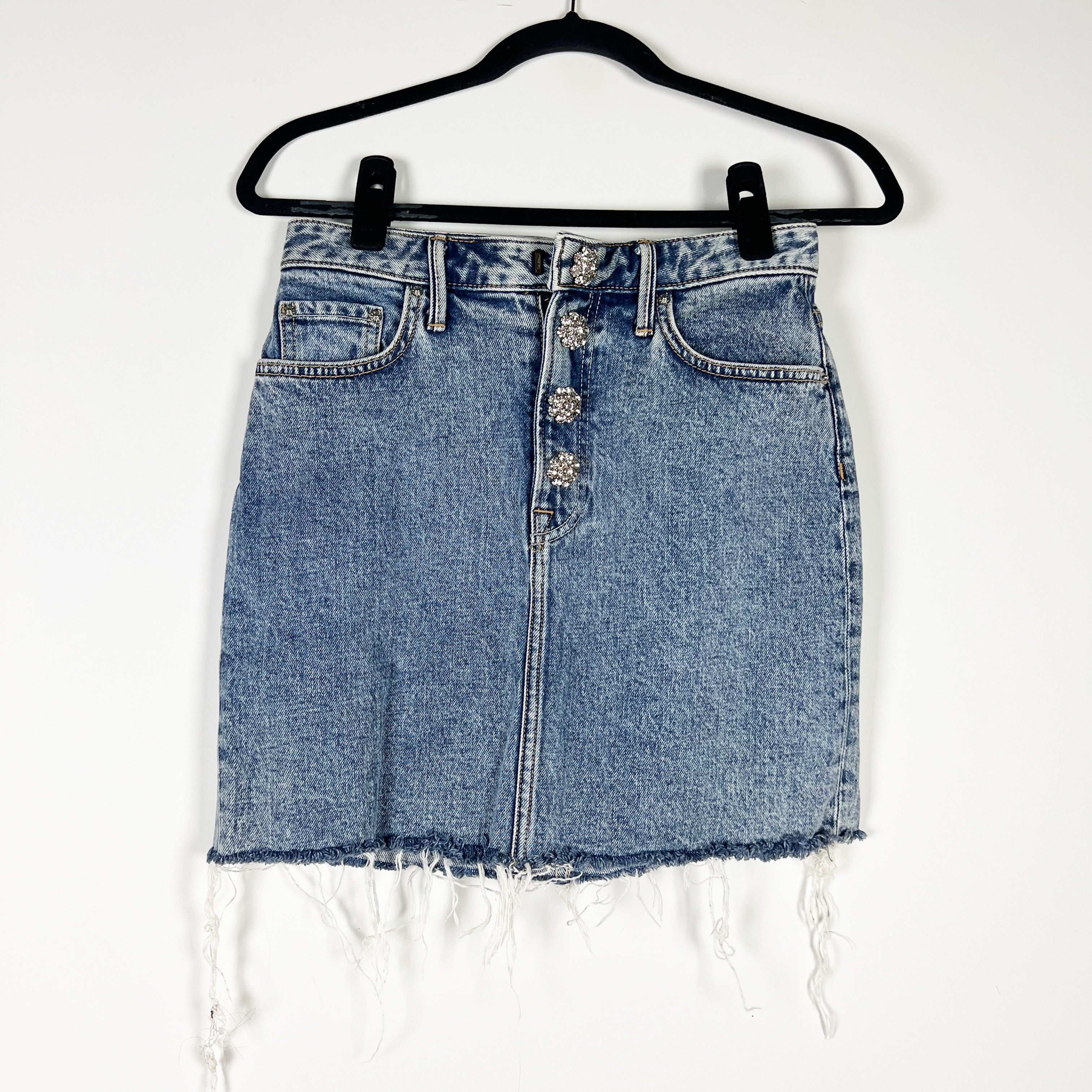 GRLFRIEND Reese Cottn Denim Rhinestone Jewel Crystal Button Mini Jean Skirt 26
