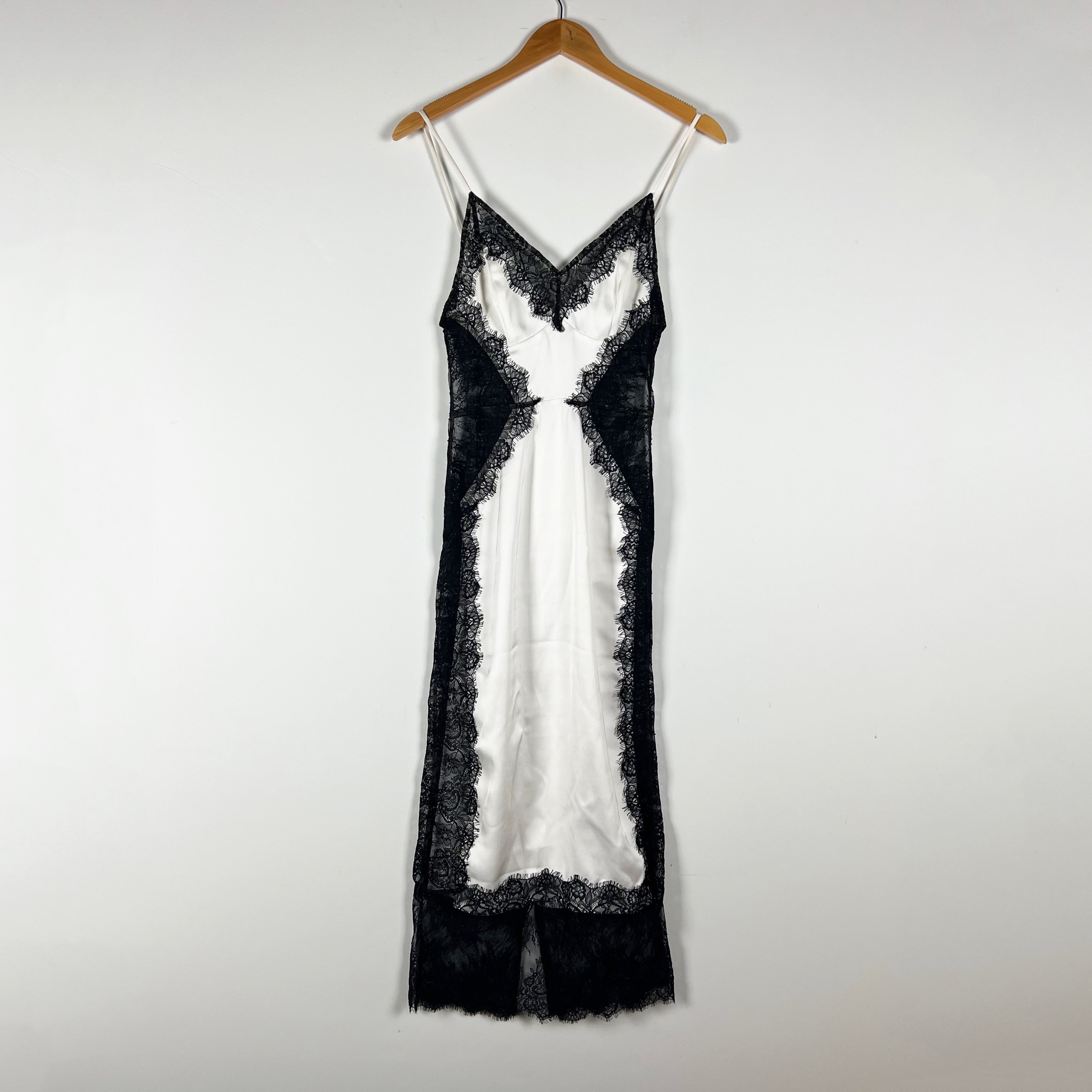 NBD Lilia White Satin Black Lace Cut Out Midi Pullover Slip Dress XS