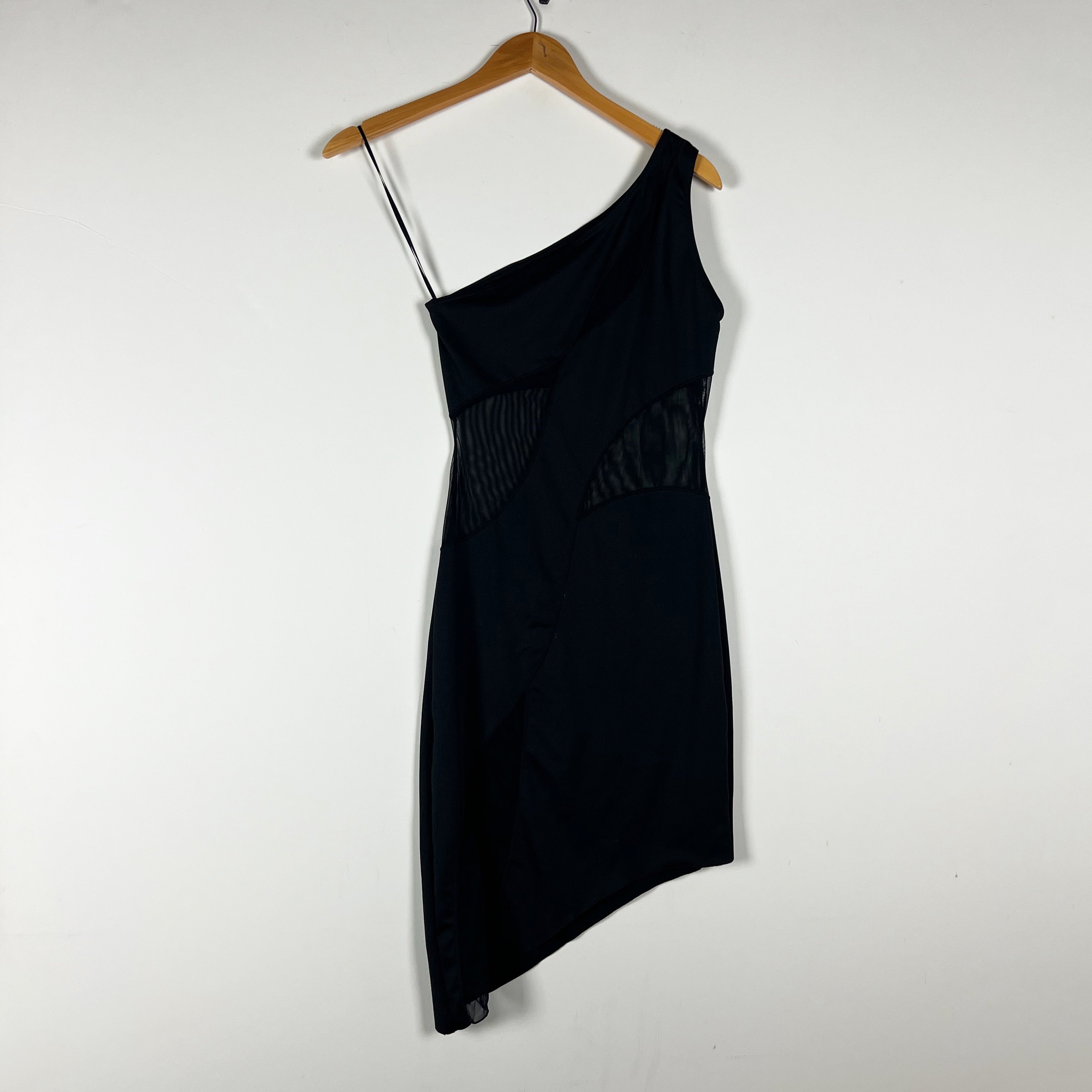 OW Collection Curve Sheer Panel Cut Out One Shoulder Mini Dress Black Small