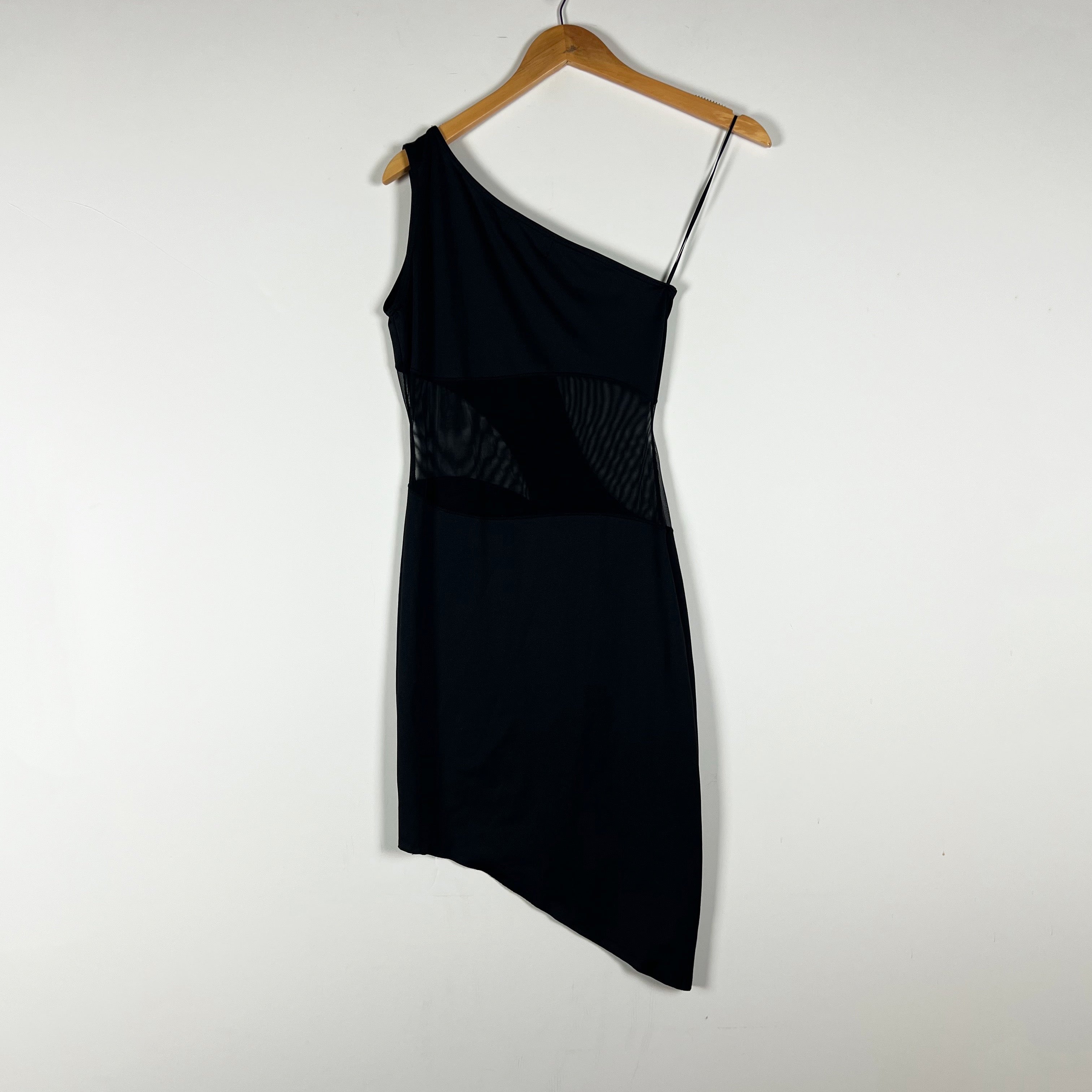 OW Collection Curve Sheer Panel Cut Out One Shoulder Mini Dress Black Small